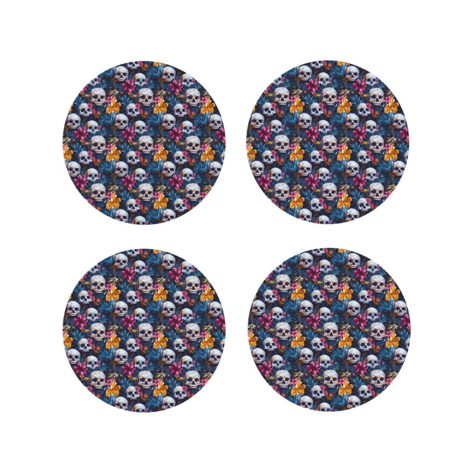 Smazdfxx Women's As Pic Leather Coasters Set Of 4 - Hawaiian Skull Floral Print Lightweight Drink Coasters For Desk