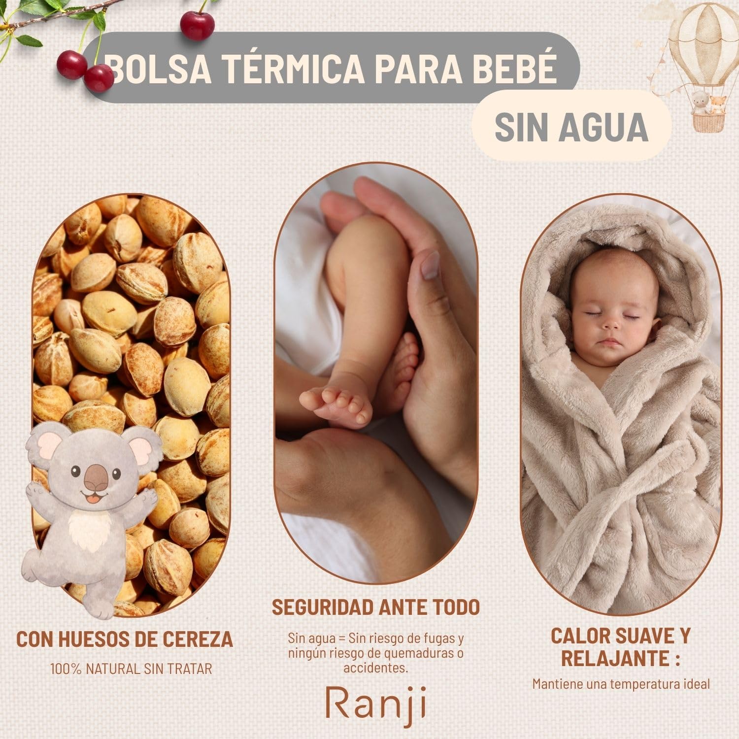 RANJI - Cinturón Anticólicos Bebé con Huesos de Cereza – Saquito de Semillas para Cólicos Bebé Recién Nacido, Algodón Orgánico GOTS & Certificación OEKO-TEX, Apto Microondas (Koala) — view 4