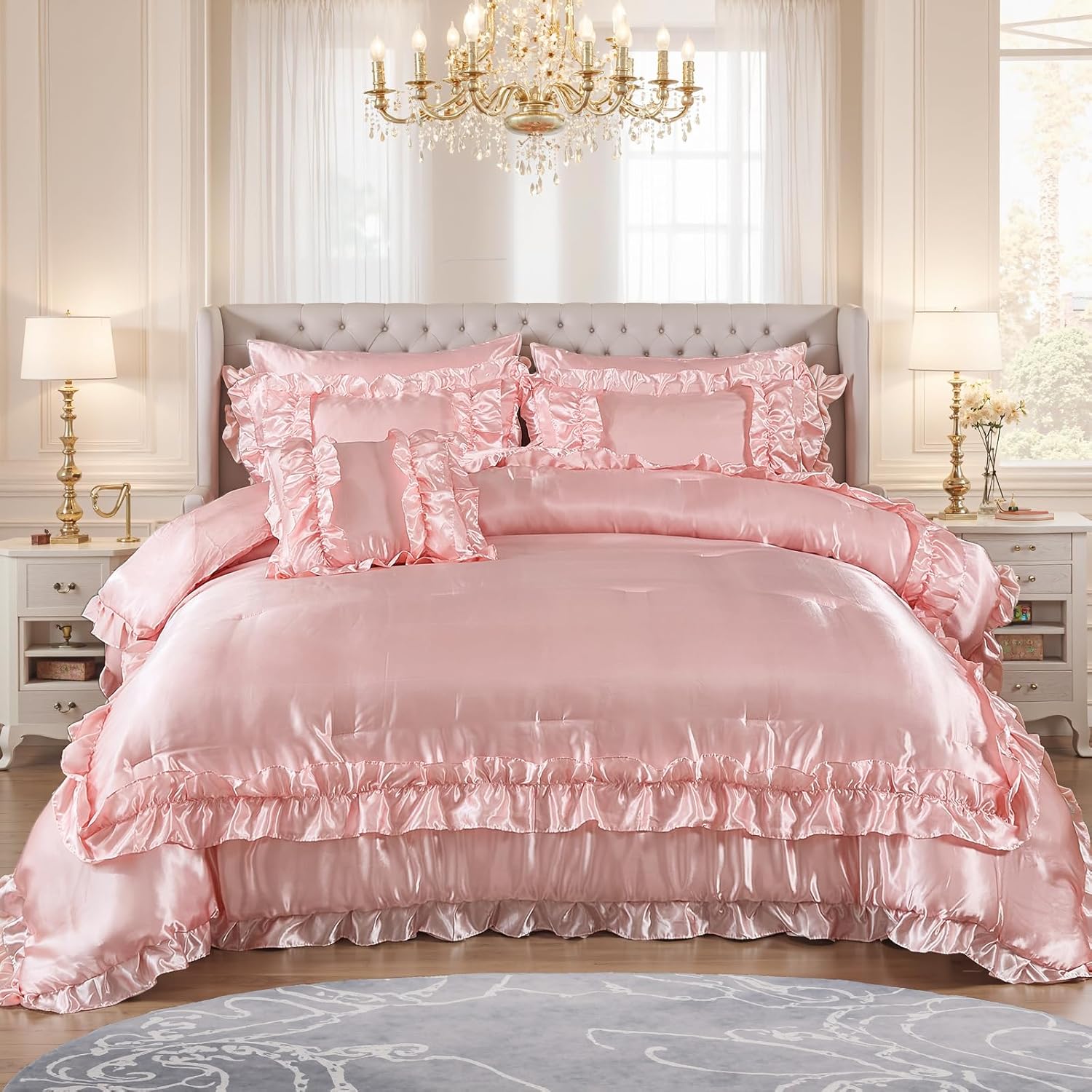 MOVE OVER Satin Comforter King Size 8 Pieces Pink Silky Satin Comforter Set with Sheet Set Luxurious Pink Ruffled Bedding Comforter Set Super Silky Soft Silk Like Satin Bed Set for All Season King Pink
