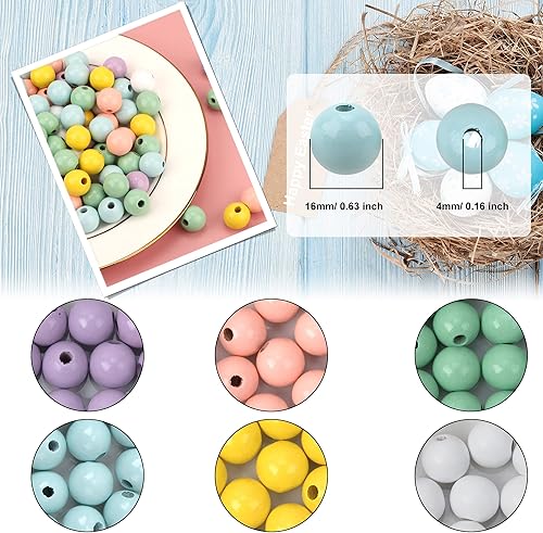 Miniatura 2 de 120 cuentas de madera de Pascua de 0.631 pulgadas (0.630 in), cuentas de madera coloridas de primavera, cuentas de madera redondas pulidas