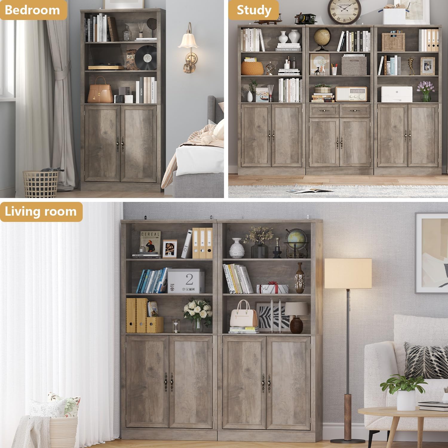 Thacuok 72'' Tall Bookcase with Doors, Adjustable Shelves, P2 MDF Construction, 32'' Wide Freestanding Cabinet with Metal Handles, Hidden Storage for Living Room, Bedroom