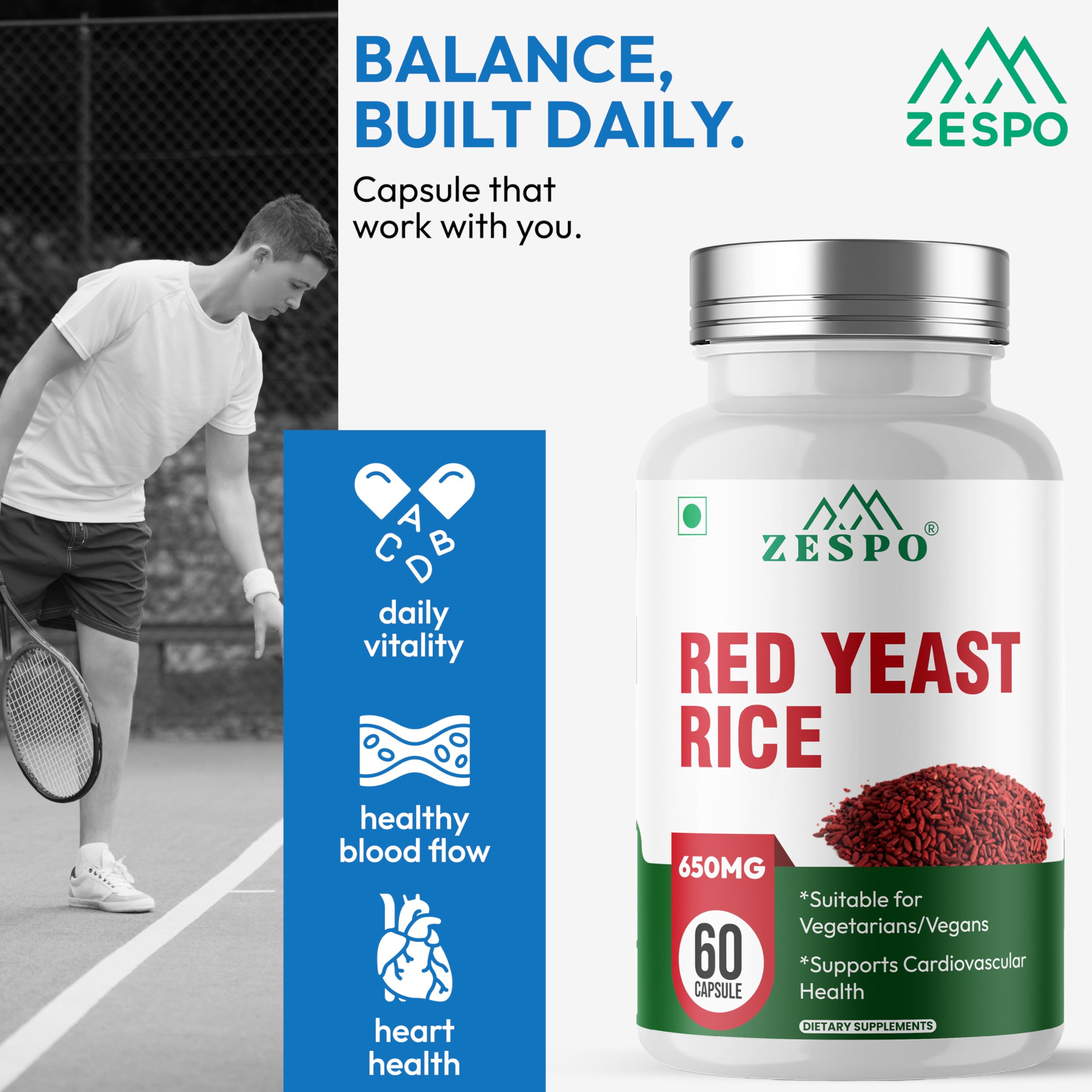 ZESPO Red Yeast Rice 650mg with CoQ10 β 60 Veg Capsules | Plant-Based Supplement for Daily Wellness & Heart-Friendly Nutrition | No Gluten, No Soy, Non-GMO 1