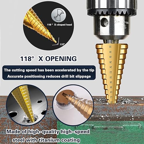 Miniatura 4 de Juego de brocas escalonadas, 7 piezas, revestimiento de titanio, con punzón central automático, cuchillas de corte dobles de longitud corta,