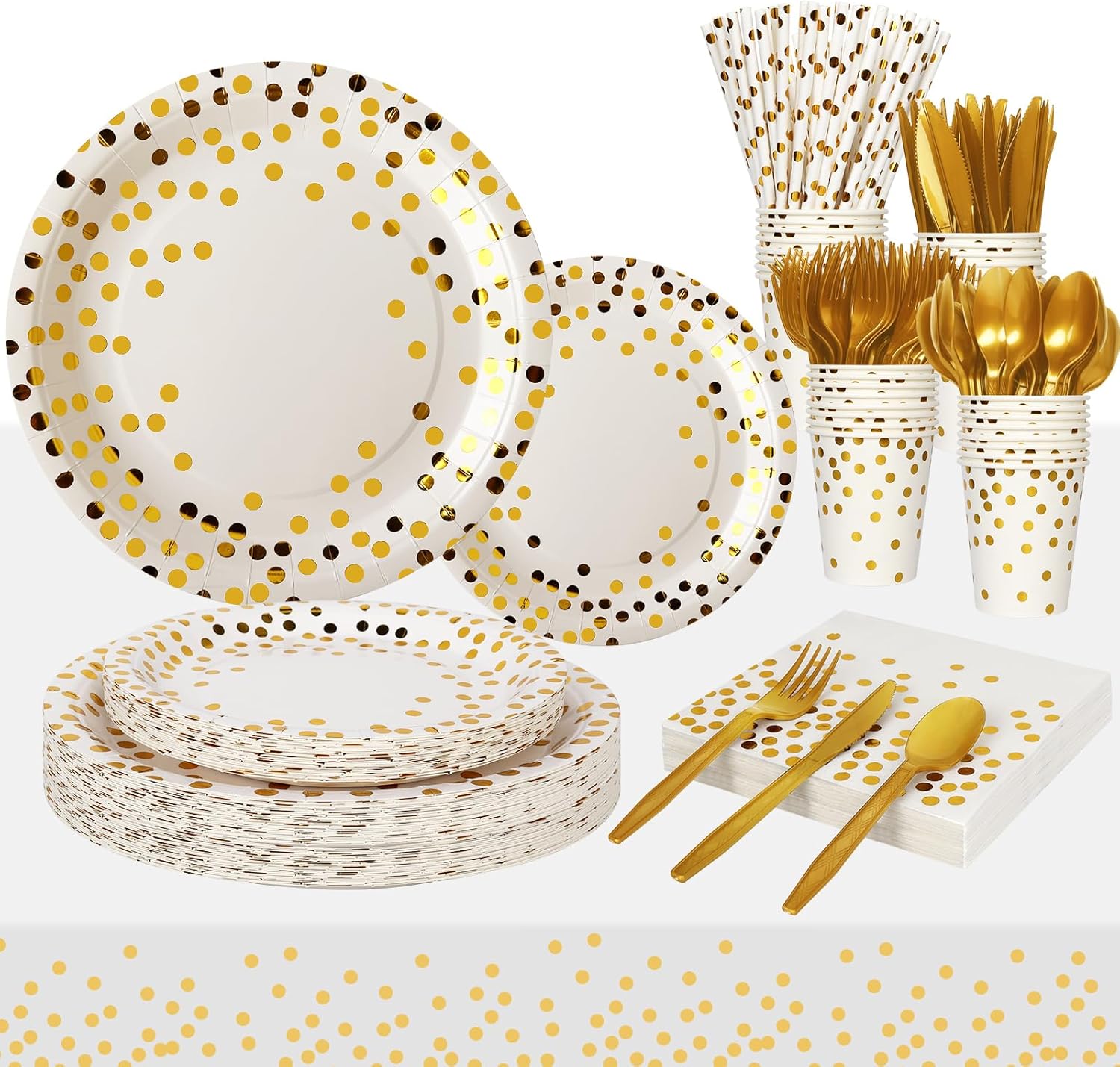 Nkaiso 193 Pieces White Gold Party Supplies, Disposable Dinnerware Set Includes Paper Plates Cups Napkins Straws and Cutlery for Birthday Wedding Holidays Parties Decorations-24 Guests