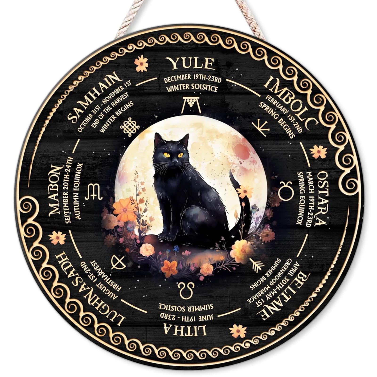 RIVEENY Wheel Of The Year Wall Hanging, Wooden Sabbats Pagan Witch Calendar, 12in Wicca Altar Decor for Yule, Celestial Signs, Christmas & Halloween