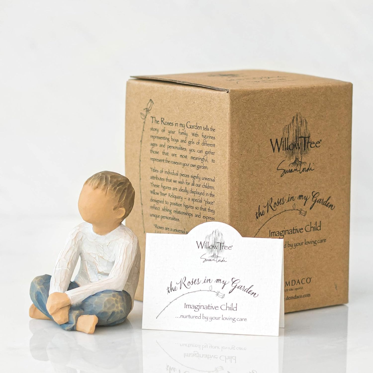 Willow Tree Imaginative Child, Nurtured by Your Loving Care, Seated Boy Figure in Blue Jeans, Works Well in Groupings That Reflect Family Relationships, Sculpted Hand-Painted Figure