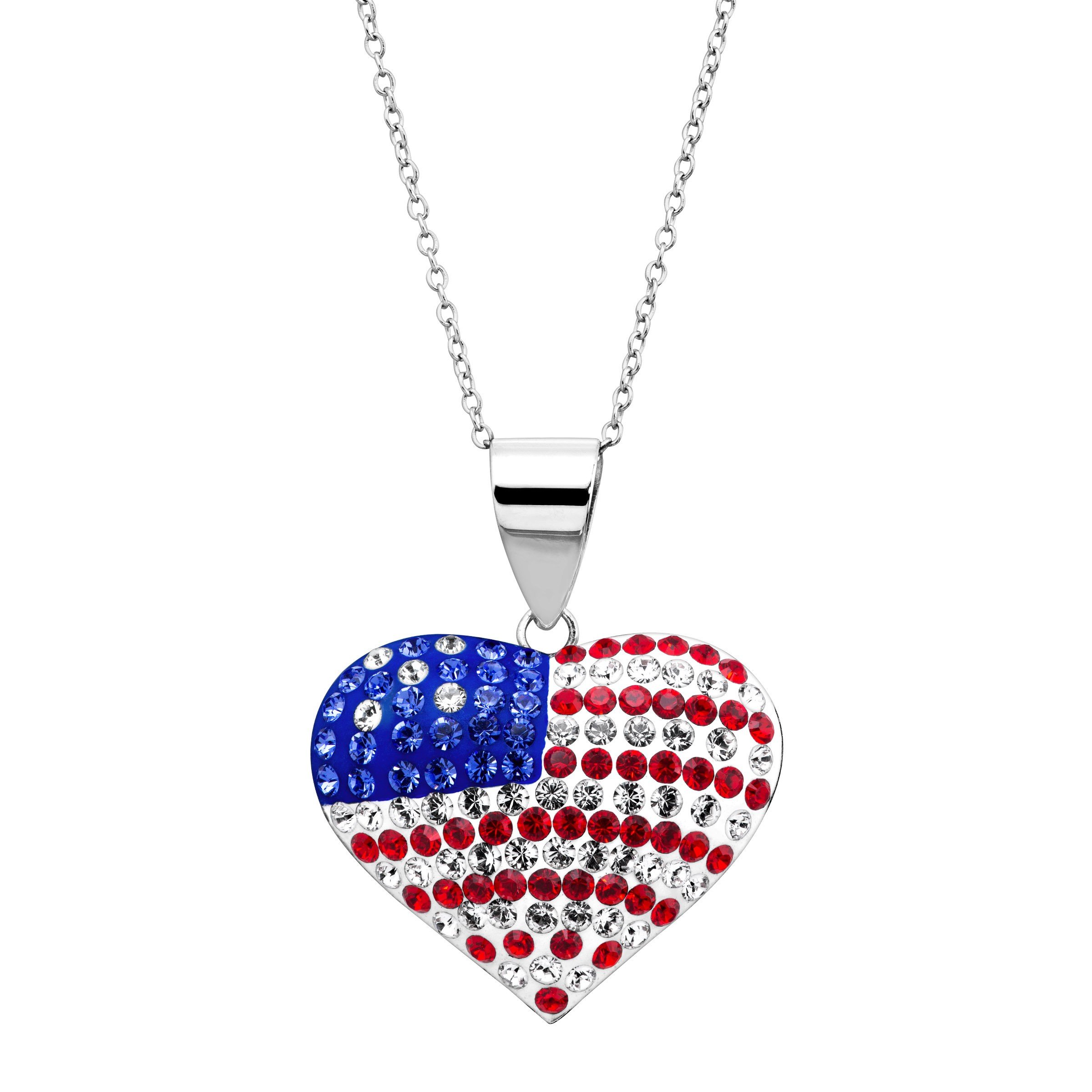 CrystaluxeAmerican Flag Puffed Heart Pendant with Swarovski Crystals Rhodium-Plated Sterling Silver, 18"