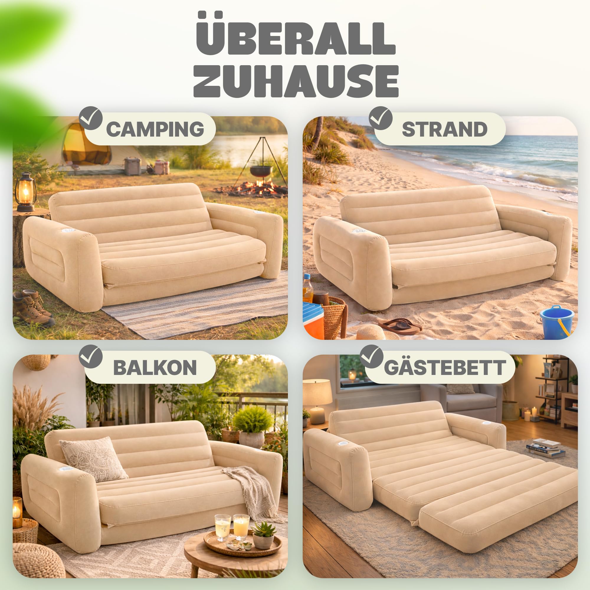 Aufblasbares Sofa Camping mit Pumpe – 2 in 1 Sofa Luftmatratze Camping 2 Personen – Bequeme Camping Couch – Weiche, geflockte Oberfläche – Gästebett aufblasbar (Creme)
