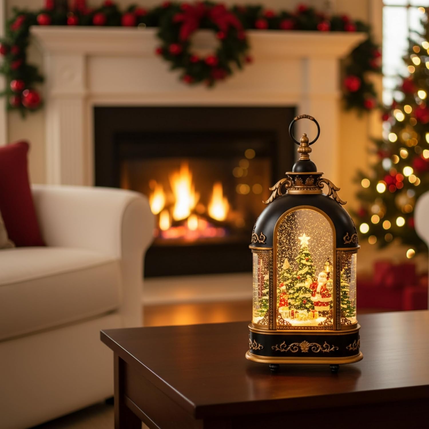 15" Christmas Snow Globe with Music 8 Songs, Auto Timer6/18, USB/Battery Powered, Santa Claus Decoration for Home, Gift for Family