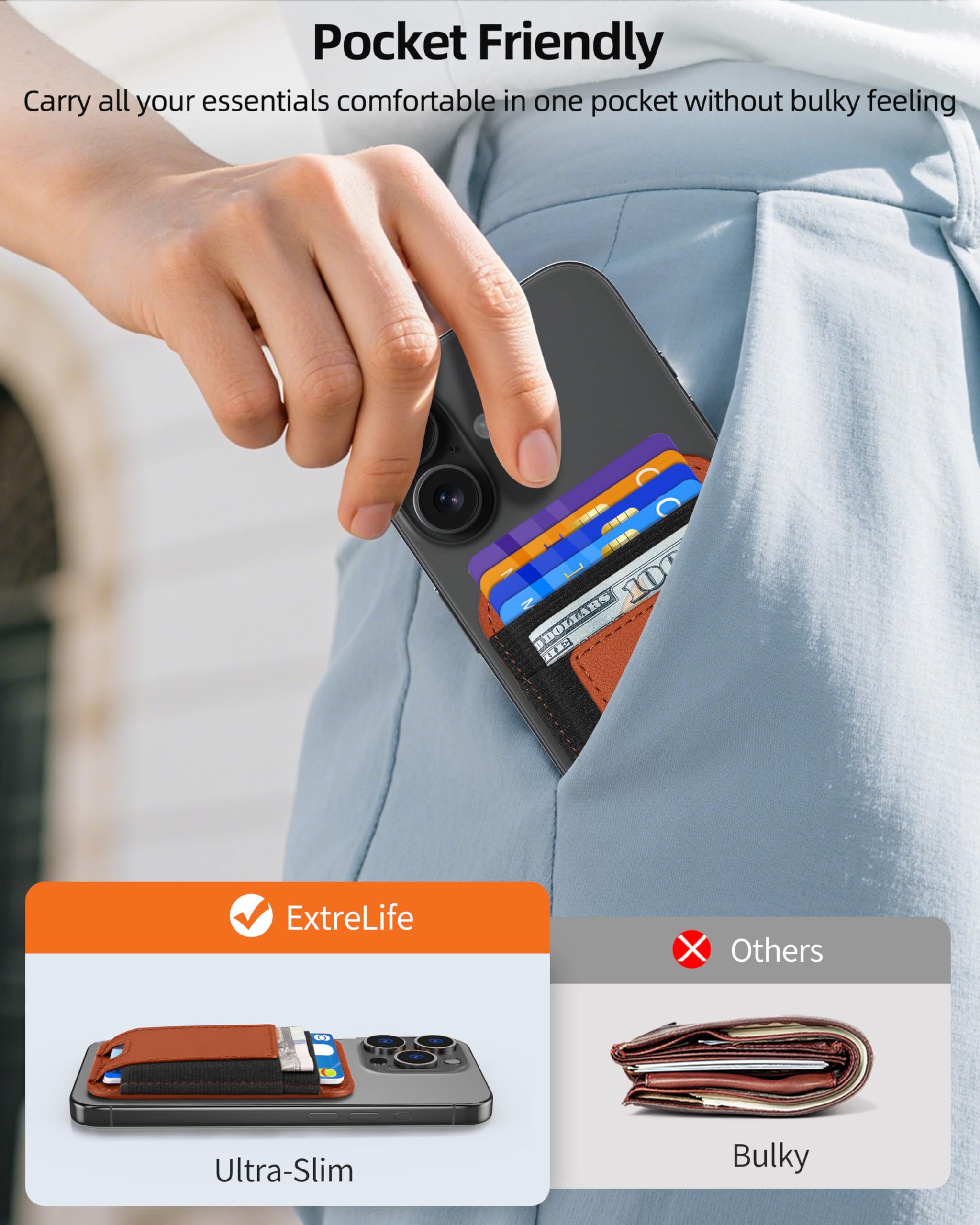 ExtreLife Cartera magnética más Fuerte, Bloqueo RFID, 7 Ranuras para Tarjetas, Cuero Vegano, marrón, Unisex, Adultos, usuarios de Apple iPhone, Minimalista, Compatible con MagSafe