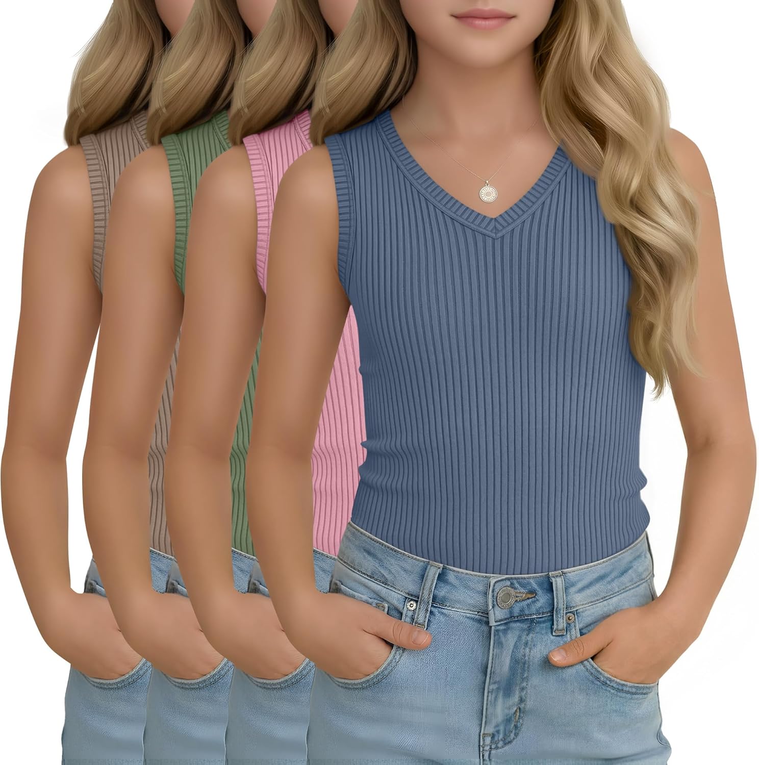 Oakgarden 4 Pack Girls' Tank Tops Ribbed V Neck Sleeveless Cute Summer Tee Slim Fitted Camisole Kids Soft Casual Basic Tanks