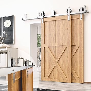 Homacer Brushed Nickel Double Track U-Shape Bypass Sliding Barn Door Hardware Kit, for Two/Double Doors, 4ft Long Flat Track, Spoke Wheel Design Roller