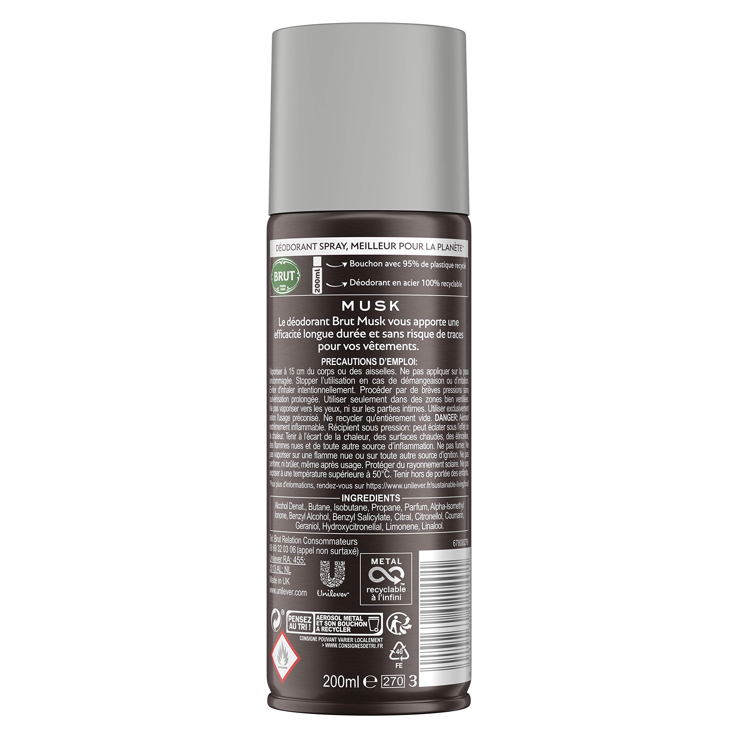 Brut Musk Déodorant Homme Spray Anti-Traces et Efficacité Longue Durée (Lot de 6x200ml)