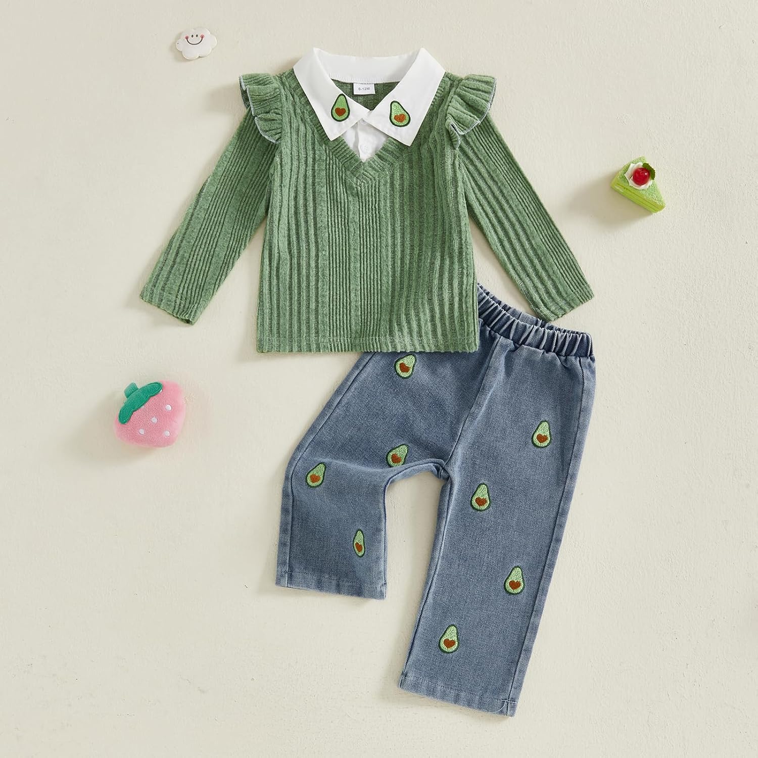 fhutpw Baby Toddler Girl Clothes Knit Ribbed Lapel Collar Long Sleeve Ruffle Pullover & Embroidery Jeans Fall Winter Outfits - Image 2