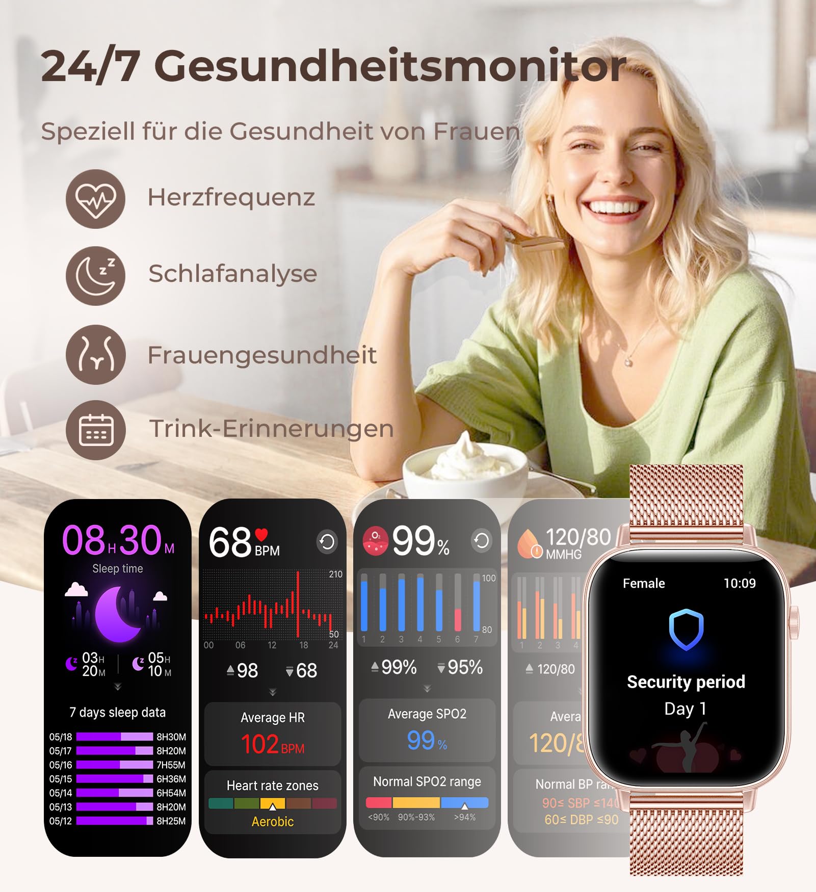 Iaret Smartwatch Damen, 4 Armbänder + 2 Charms, 1,83" HD Touchscreen Armbanduhr, Bluetooth Anrufe, 100+ Sportmodi Fitness Tracker, Schrittzähler/SpO2/Schlaf/Menstruation, iOS/Android, Weiß