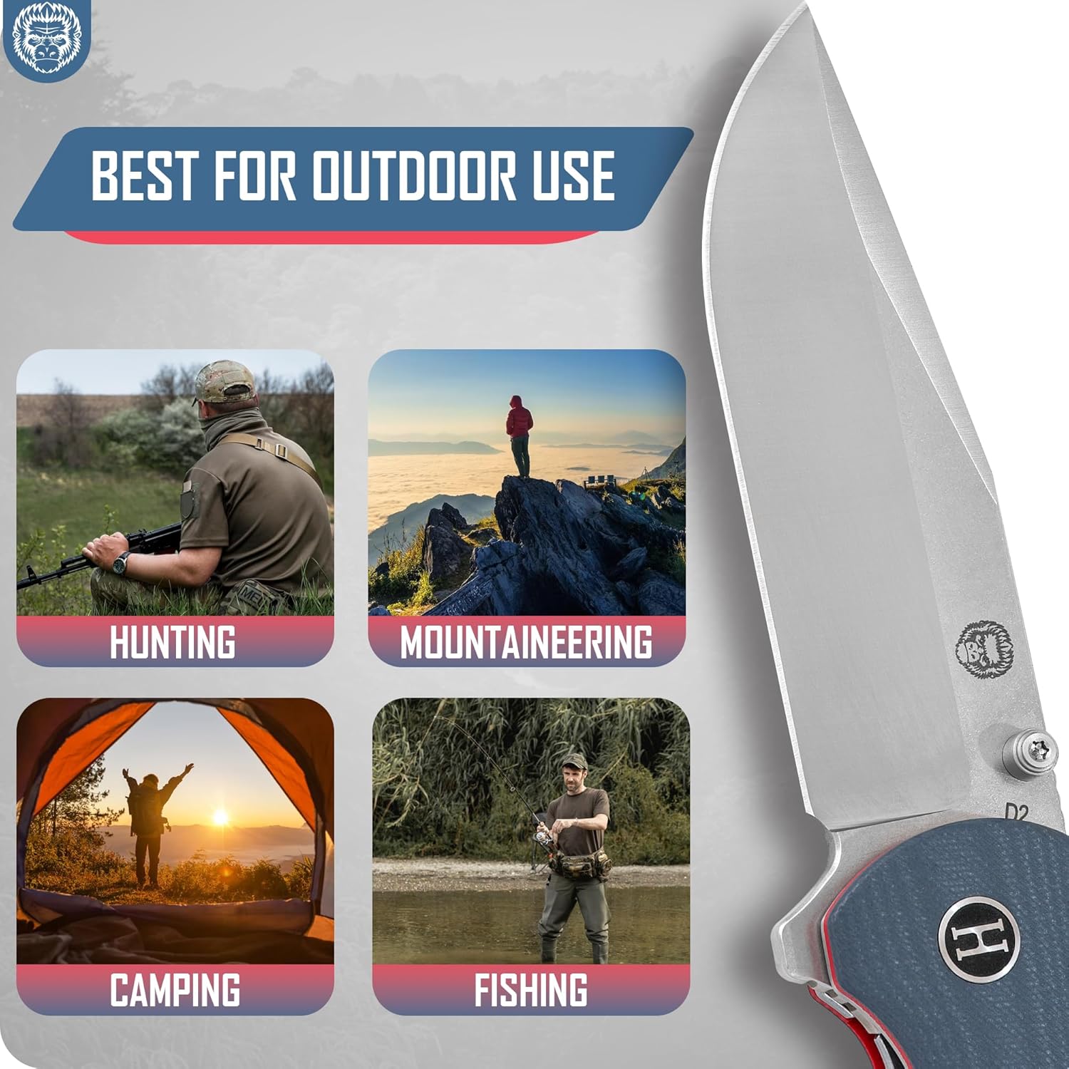 Holtzman's Gorilla Survival Wrangler Folding Knife with G10 Handle and D2 Steel Blade, Gift Box Set (Grey+Red) - Ideal for Everyday Carry and Outdoor Use