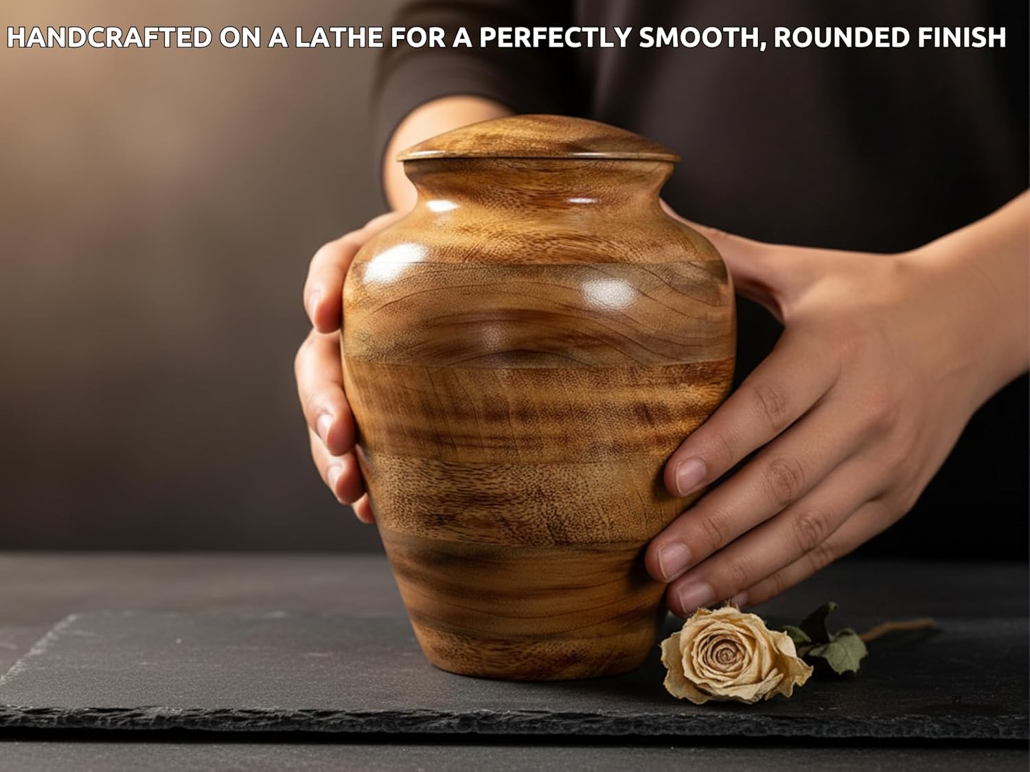 Hand-Turned Mango Wood Cremation Urn for Human or Pet Ashes – Medium 9" x 6", Holds 80 Cubic Inches – Wooden Memorial Urn with Burned Finish, Threaded Lid & Velvet Base - Image 7
