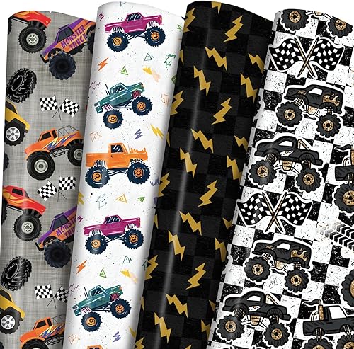 PlandRichW Monster Truck Wrapping Paper - 12 Sheets,4 Action Designs Checkered Flags, Lightning, Folded 20" x 29" for Kids Birthday, Truck Party,