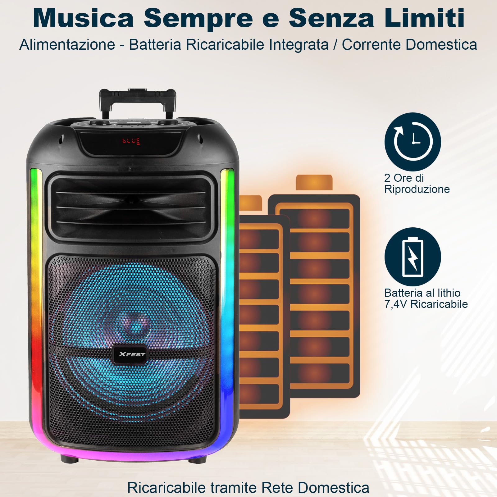 Trevi XFest XF 1400 KB Speaker Wireless 100W, Altoparlante Portatile con Microfono Con Cavo Incluso, Ingressi USB, Micro SD, AUX-IN e Guitar, Funzione TWS, Batteria Ricaricabile Integrata