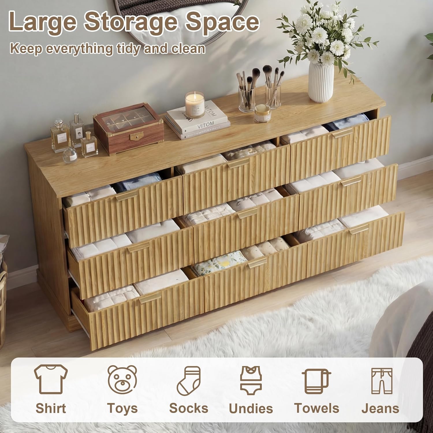 Wooden 9 Drawer Dresser for Bedroom, Fluted Dresser with Storage and Metal Handle, Modern Chest of Drawers for Living Room, Entryway, Natural Oak