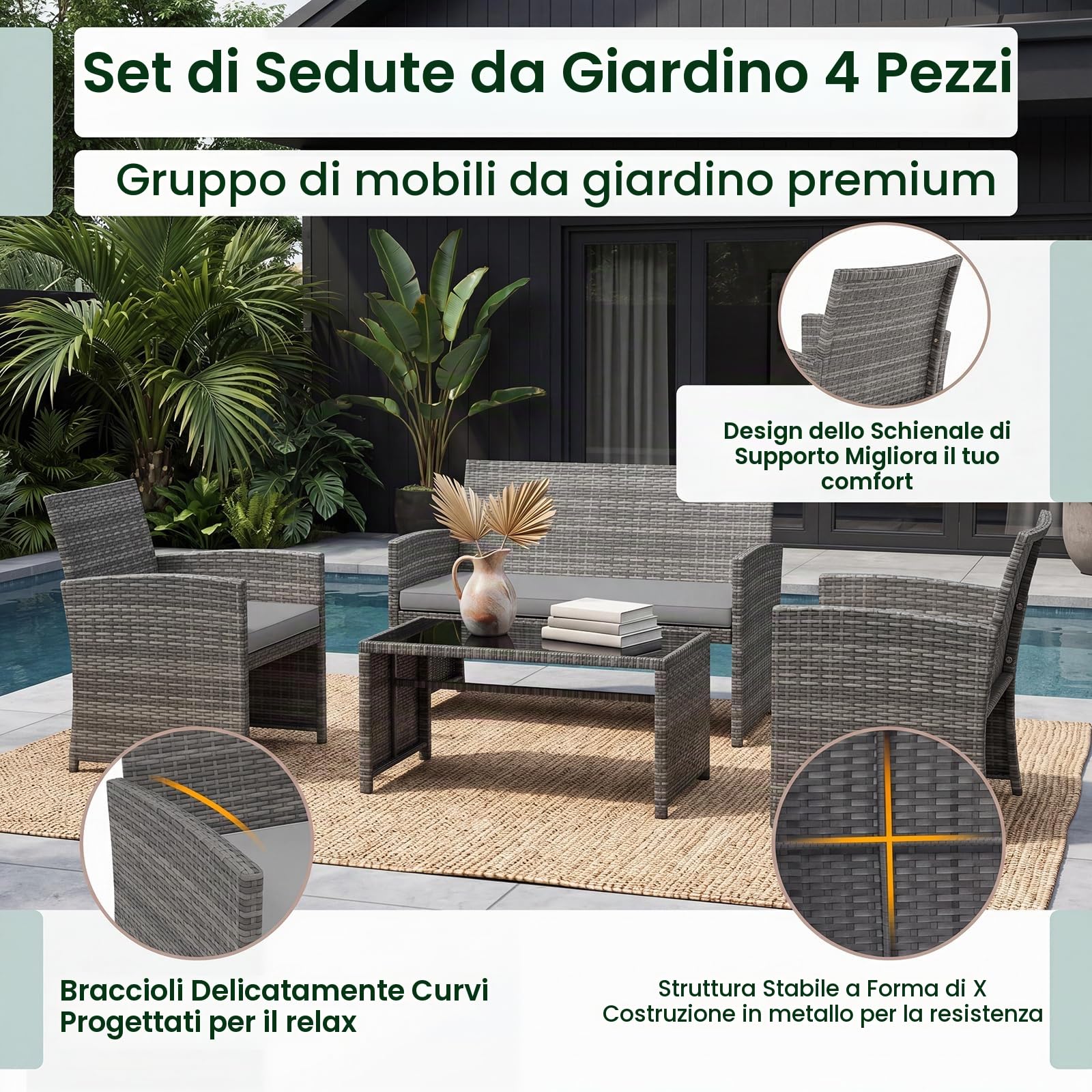 GIANTEX Set di mobili da giardino in rattan, 4 pezzi, divano a 2 posti, 2 poltrone, tavolino con ripiano in vetro, per 4 persone, tavolo e sedie per terrazza, patio (grigio)