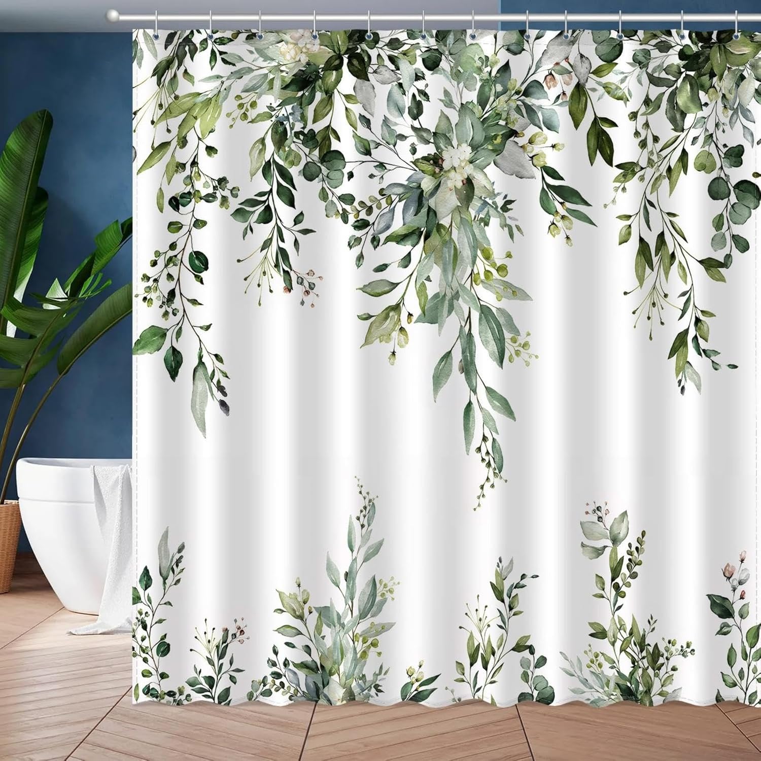 Sage Green Eucalyptus Shower Curtain 35x85in-90x215cm Watercolor Leaves on The Top Plant with Floral Bathroom Curtain, Country Farmhouse Waterproof Fabric Shower Curtain Set with Hooks