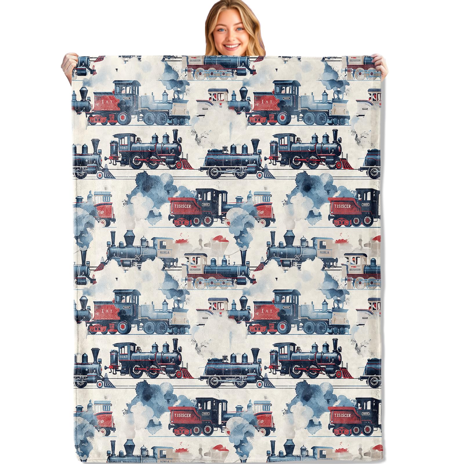 MIEPOS Vintage Steam Train Throw Blanket - 40x50in,Ultra Soft, Cozy Lightweight Flannel,Locomotive Print Retro Car Blankets - Gifts for Kids Boys,for Couch Travel,Home Living Room Decor