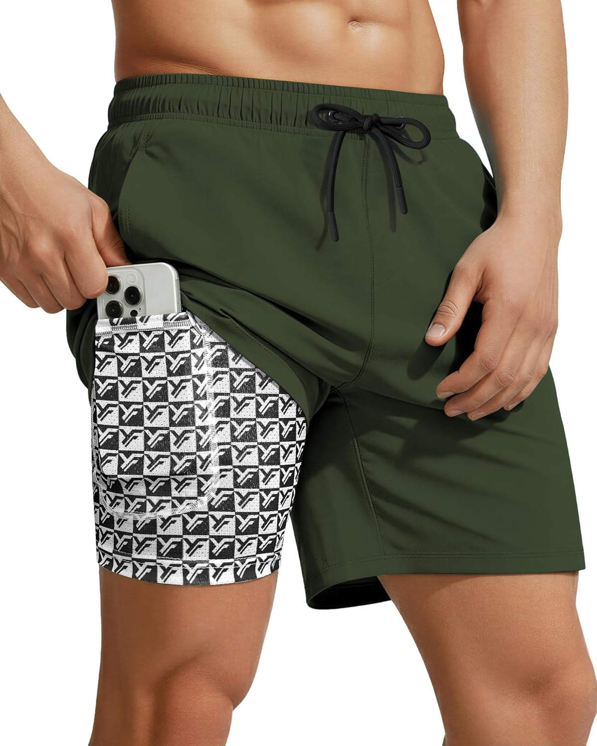 7 Inch Men Swim Trunks with Compression Liner Quick Dry Drawstring Male Swimtrunks for Beach Summer Water Park