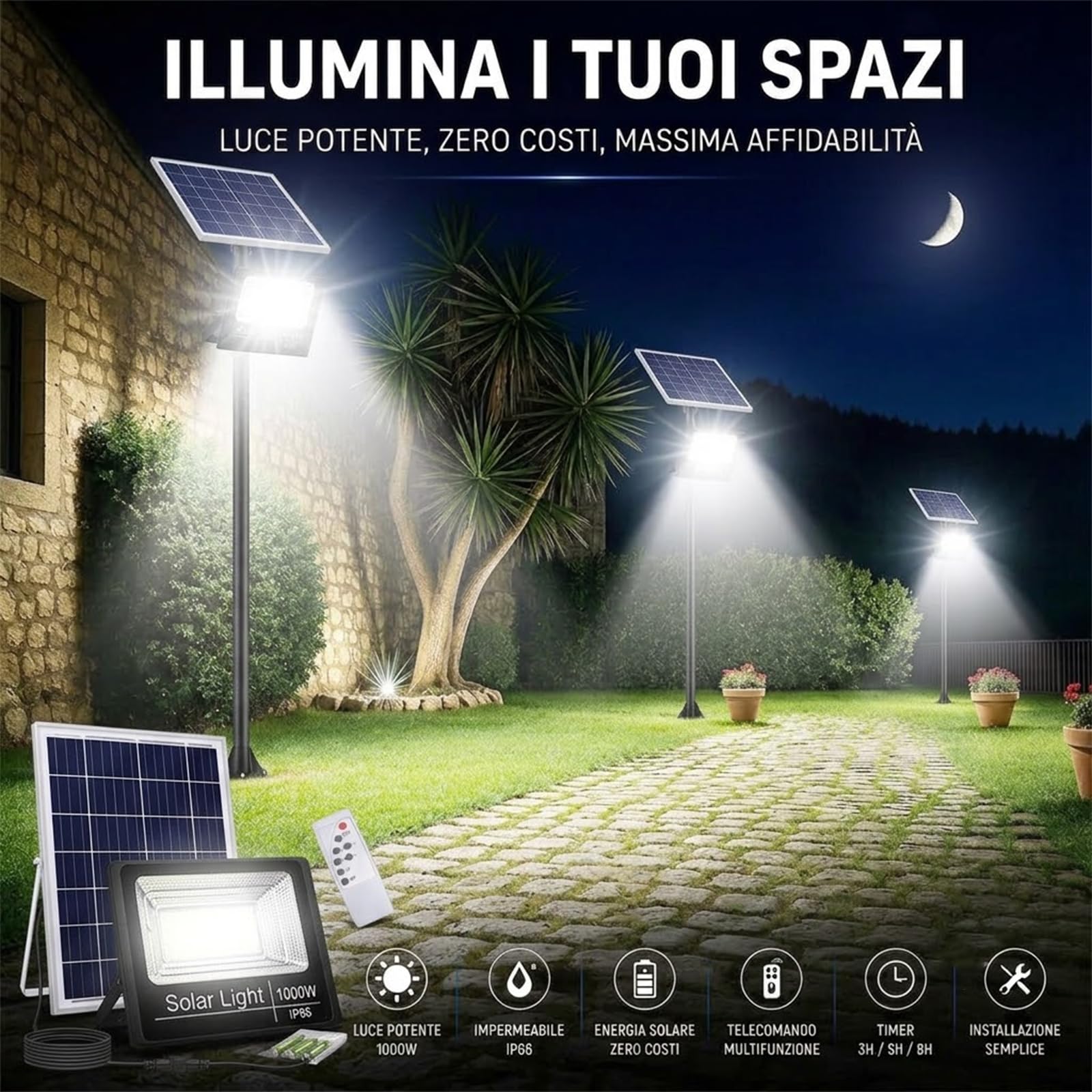 Faro Solare LED 1000W con Pannello Solare, Luce Esterno 6500K Ultra Potente, Sensore Crepuscolare Automatico, Telecomando, IP66 Impermeabile, Faretto da Esterno per Giardino, Cortile, Strada