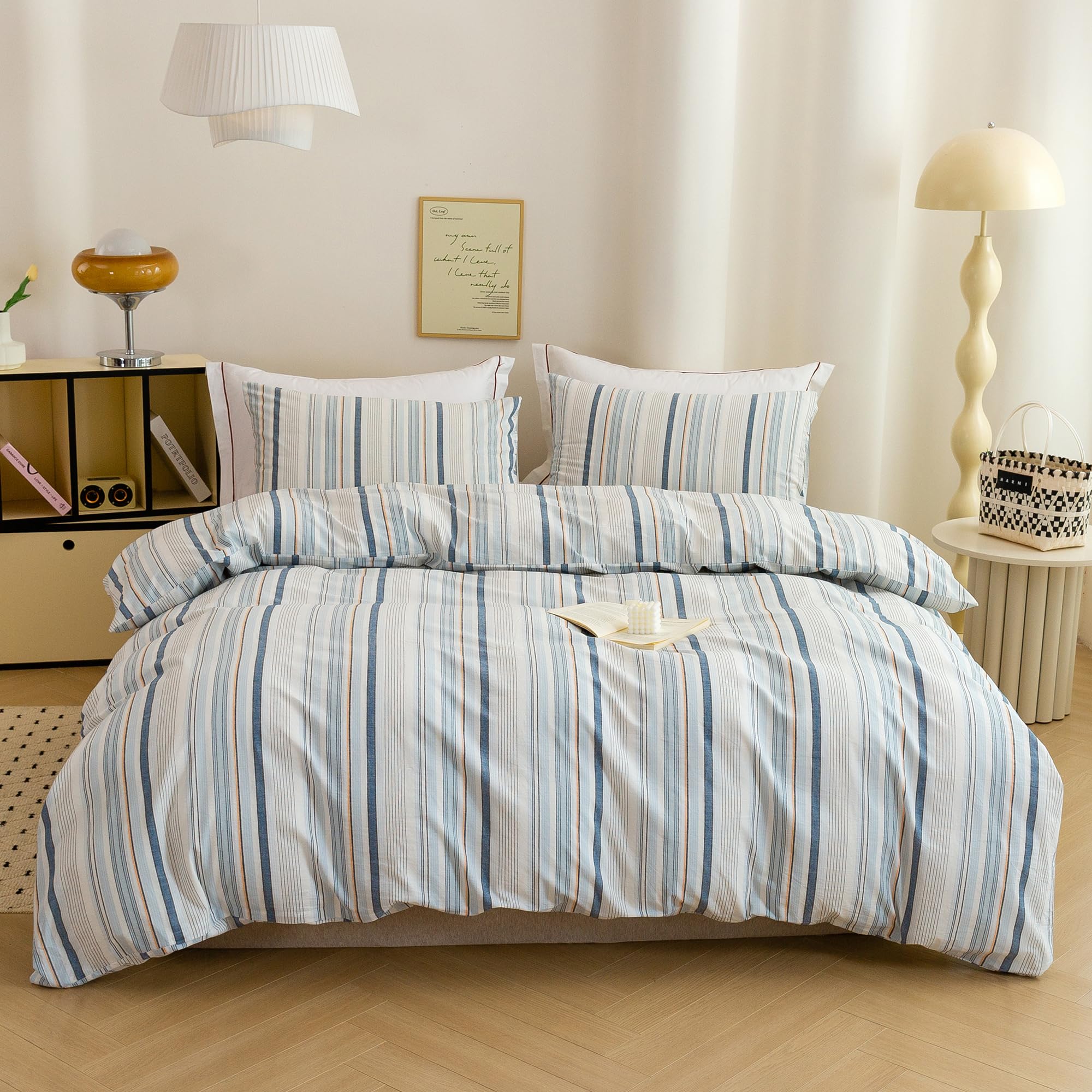 ECOCOTT Cotton 3 Pcs Duvet Cover Set Linen Feel Blue Striped Queen Size