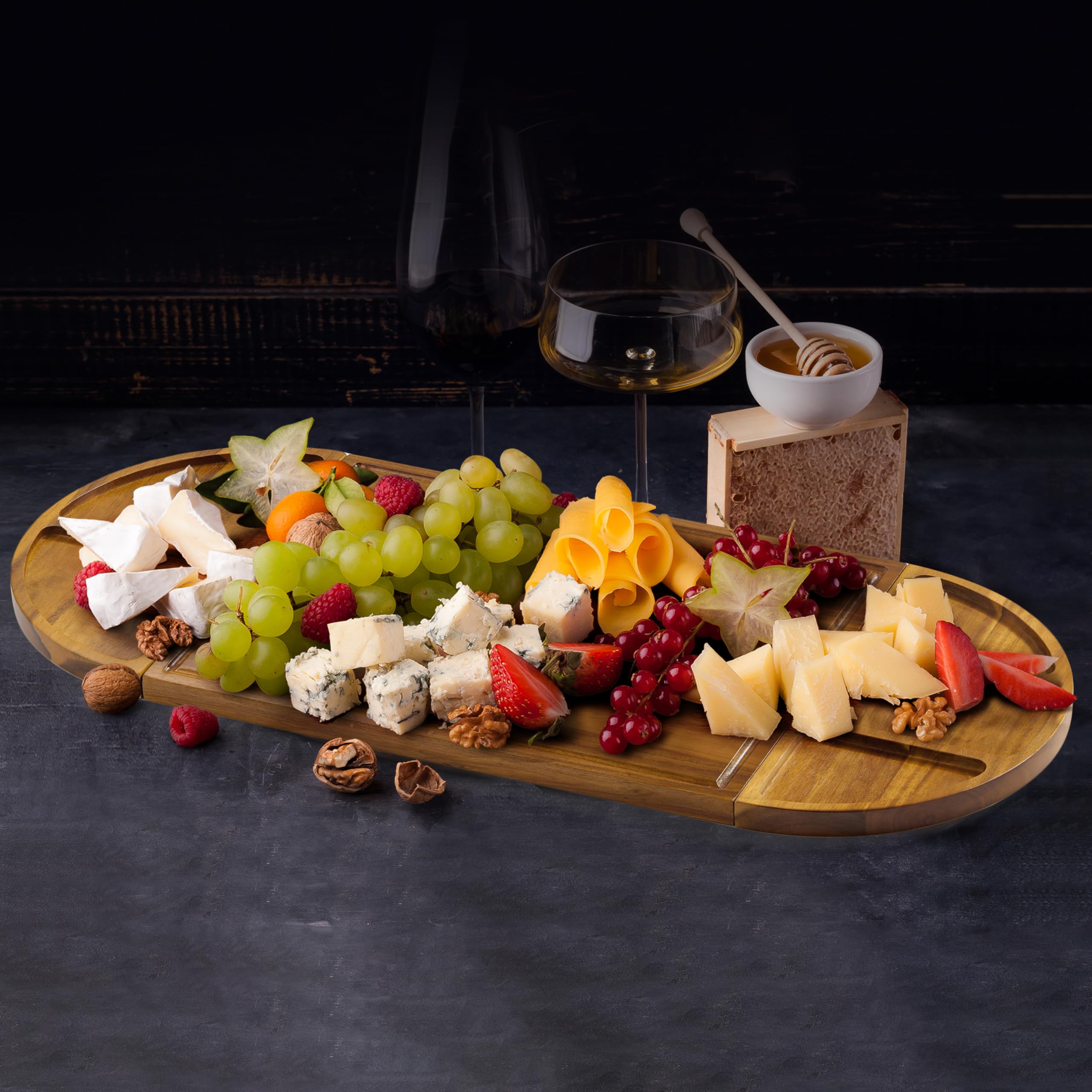 Tablas de embutidos extragrandes, 30 x 13 pulgadas, tabla magnética larga y redonda de 3 partes con juego de cuchillos, abridor de vino y marcador de queso, bandeja única para servir