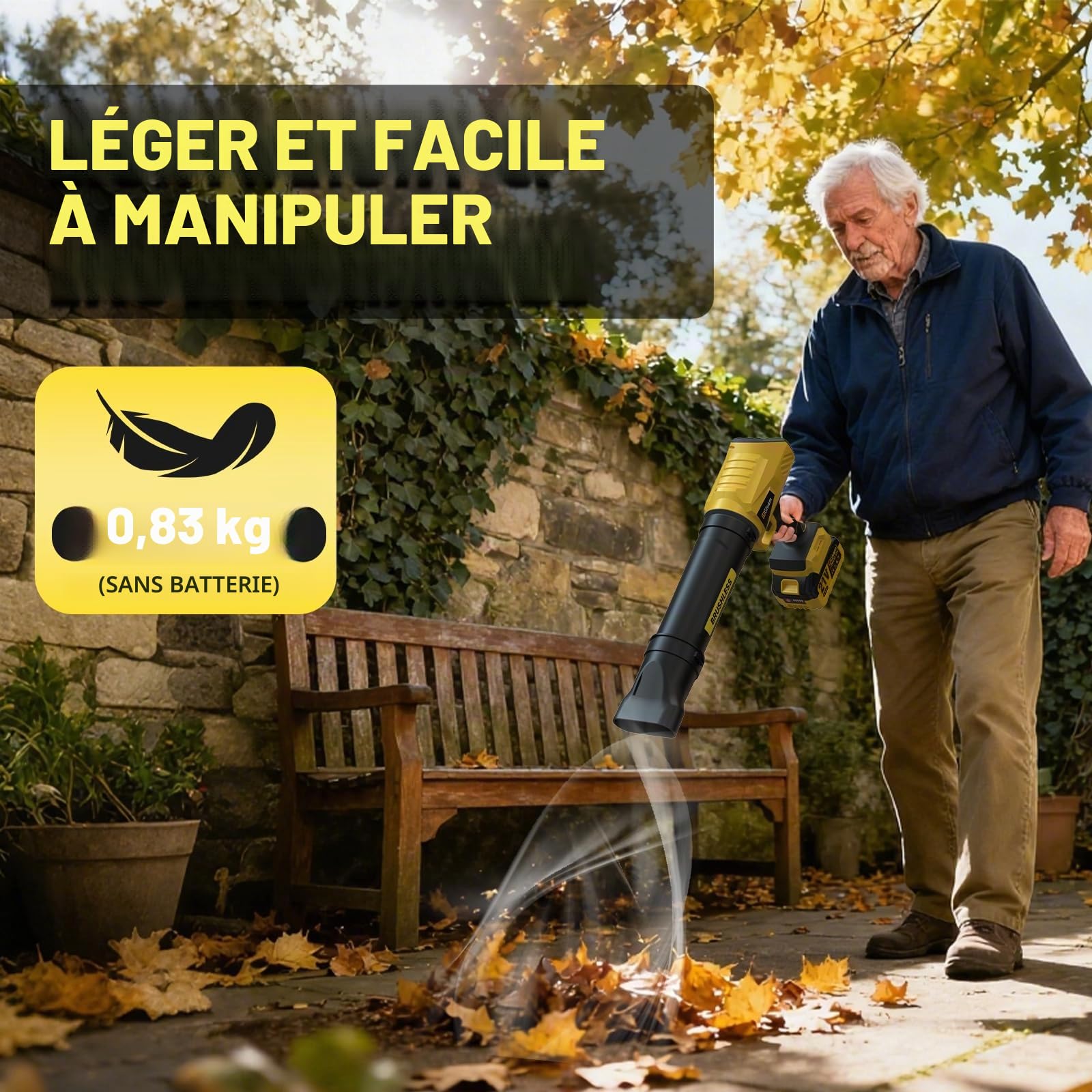 Souffleur à feuilles sans fil, moteur sans balais avec 2 batteries de 4,0 Ah, souffleur de feuilles max 900 000 tr/min, débit d'air 800 m³/h, 3 buses, 0,8 kg léger – Idéal pour les feuilles/neige