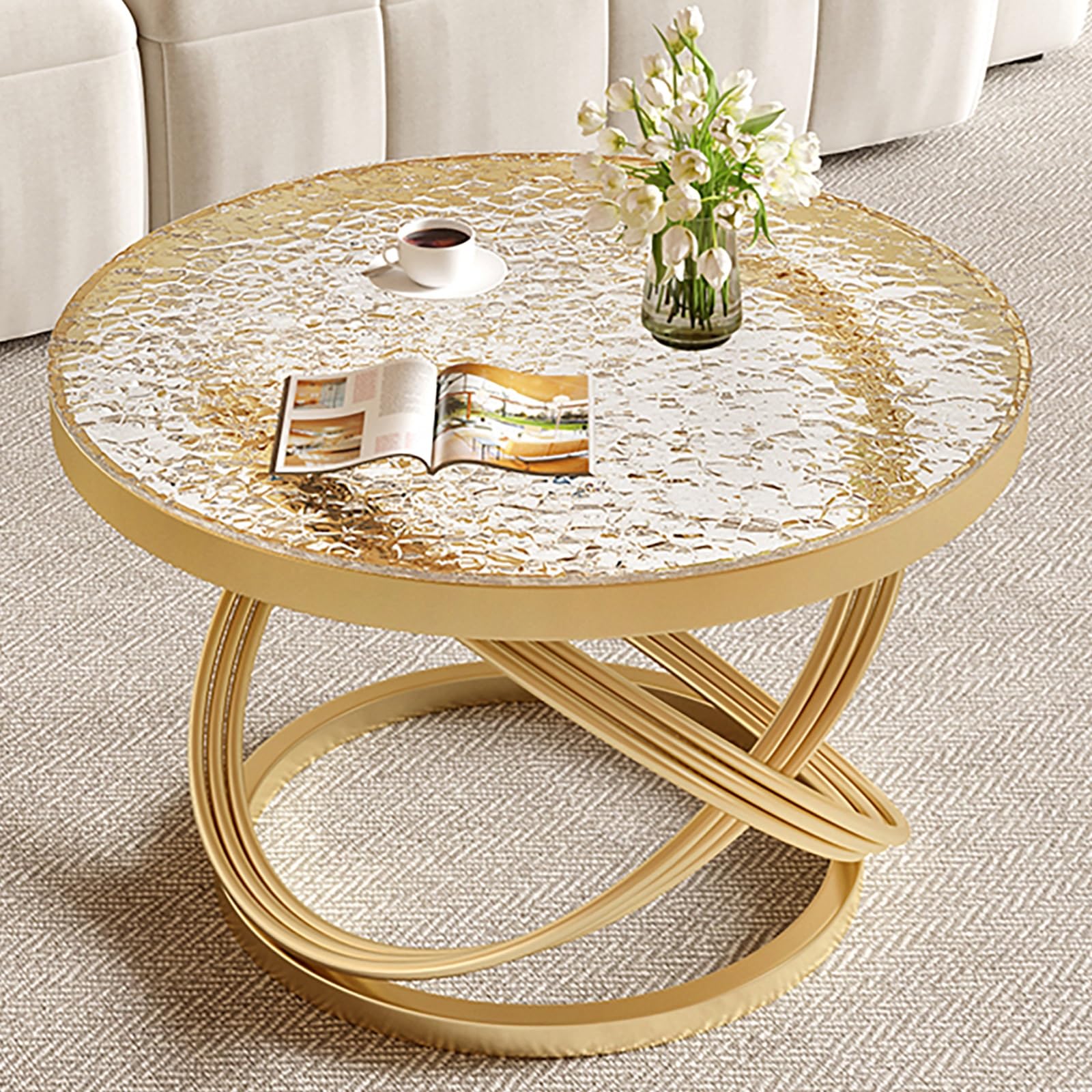 Table Basse de Salon Ronde Moderne en Verre Trempé Texturé et Or