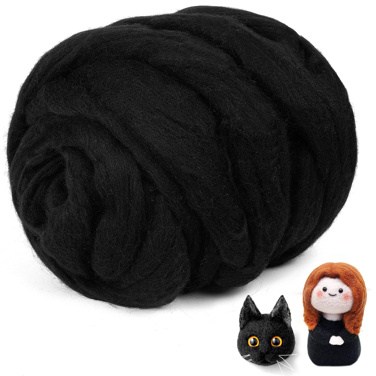 AzoneeNatural Wool Roving, Wool Roving 100% Natural Wool Yarn for Spinning & Knitting Wool for Needle Felting, Wet Felting, handcrafts for Beginners (Black, 200g)