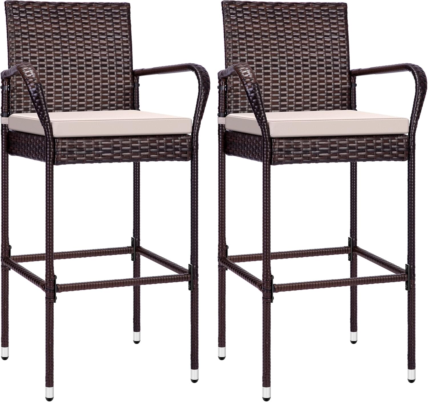 VIVOHOME 2 Packs Outdoor Wicker Barstool Patio Rattan Furniture with Armrests and Cushions Brown