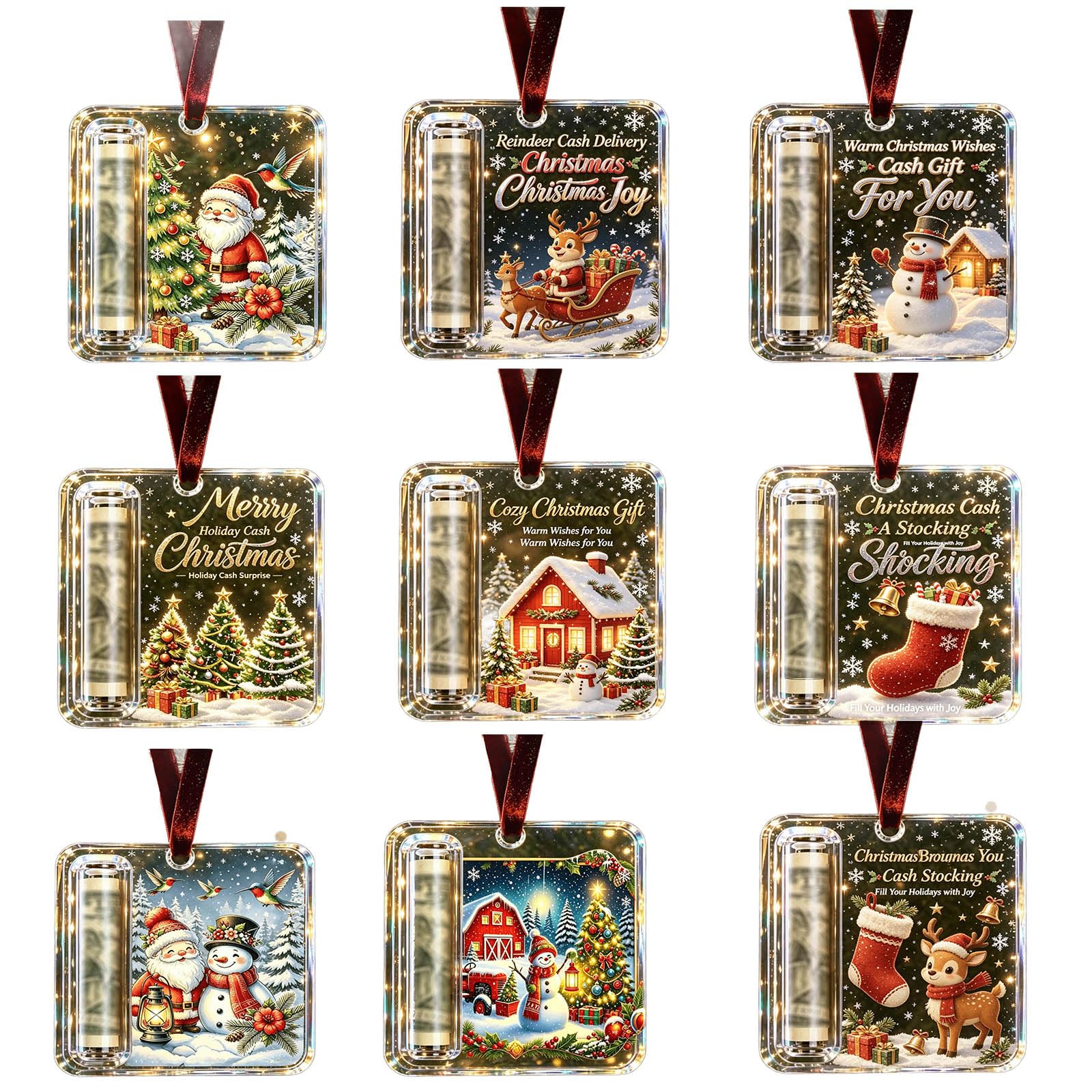 Christmas Money Holders for Cash – Acrylic Money Holder Ornament with Festive Design, Hanging Xmas Tree Cash Gift Holder for Stocking Stuffer, Graduation, Money Gift Ideas (Set of 9)