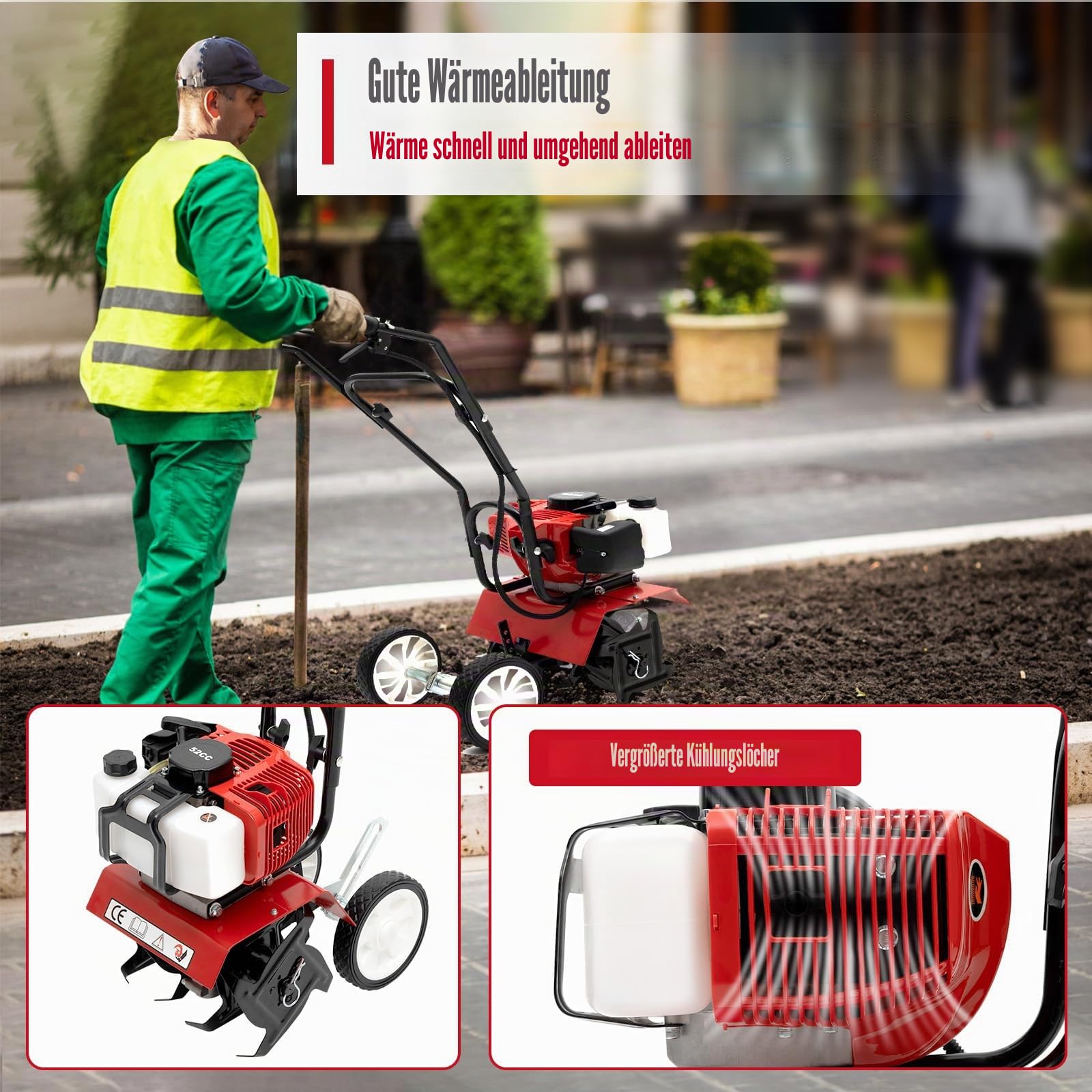52CC 2-Takt Gartenfräse Motorhacke, 1900W Gartenfräse Benzin Kultivator Bodenhacke Bodenfräse Fräse, Benzin-Bodenbearbeitungsmaschine Motorhacke Radantrieb Ackerfräse Bodenfräse Kultivator