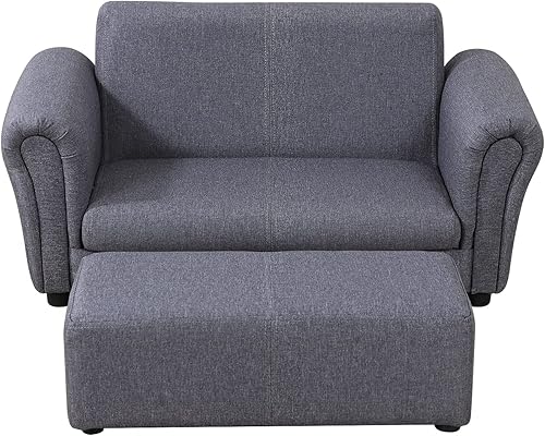 Miniatura 2 de Yoonnie room Sofá infantil de 2 plazas con otomana grande, sofá para niños con tela de lino, sofá para niños de 0 a 3 años, color gris