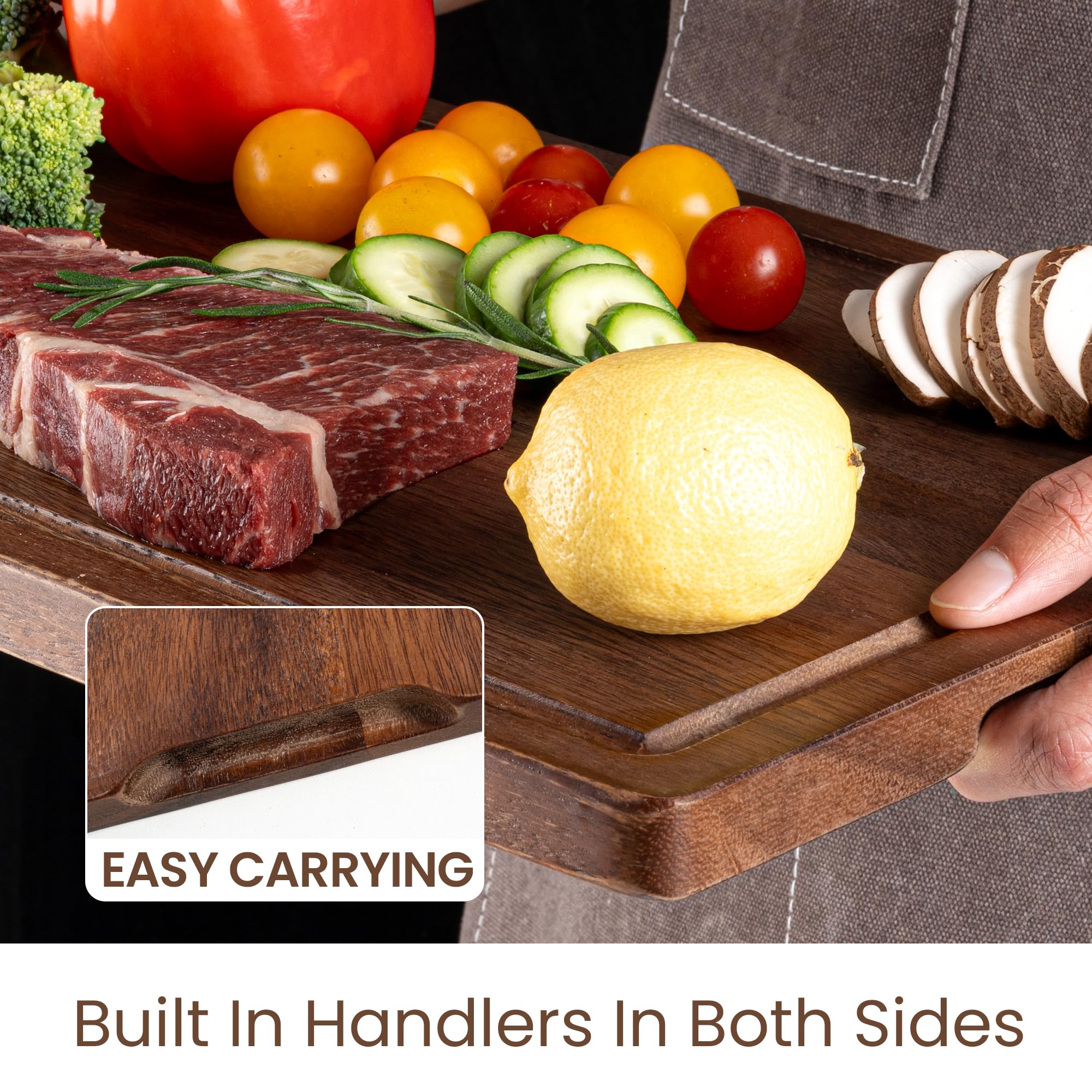 Fun Memories Tabla de cortar de nogal para cocina con asas ocultas, tabla de cortar reversible de madera con ranura para jugo, perfecta para regalo de Navidad, diario, (17 pulgadas de largo x 11
