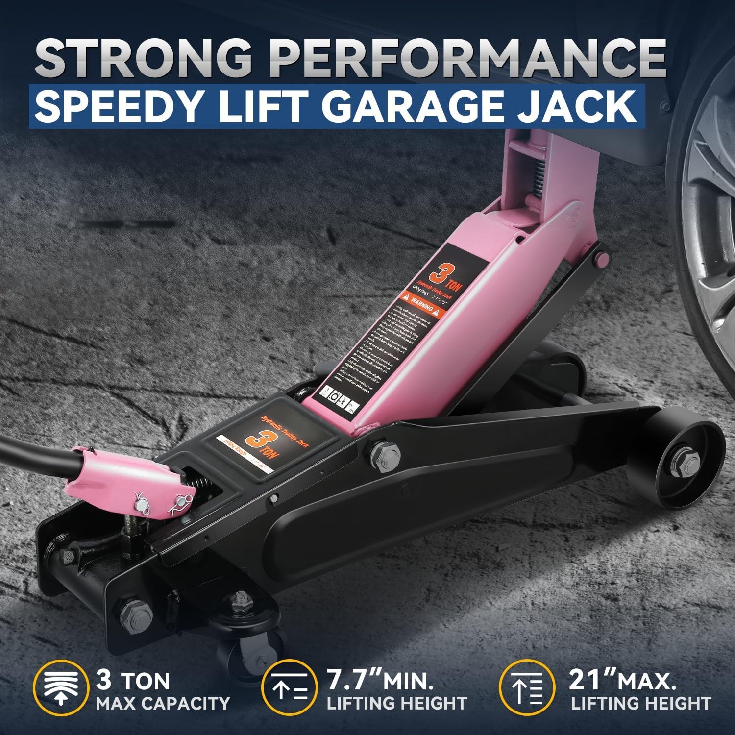 Auto Dynasty 3 Ton Low Profile Floor Jack, Heavy Duty Steel Hydraulic Car Jack with Dual Pistons Quick Lift Pump, Hydraulic Racing Floor Jack, Lifting Range 7.7" to 21", Pink