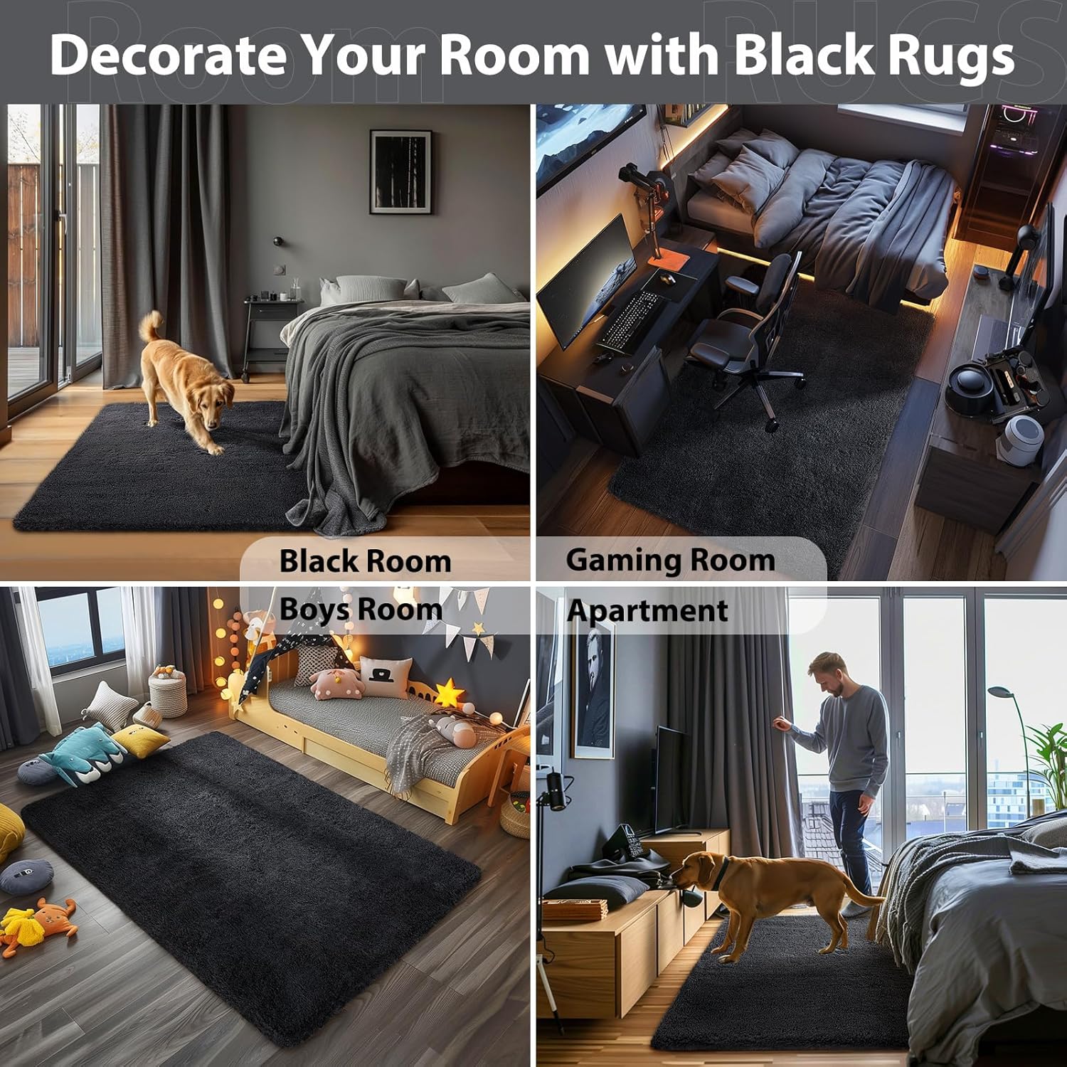 Ophanie Black Area Rugs for Bedroom Living Room, 4x6 Fluffy Fuzzy Shag Shaggy Carpet Soft Plush Furry Bedside Rug, Indoor Floor Rug for Kids Girls Boys Home Decor Aesthetic, Dorm Nursery