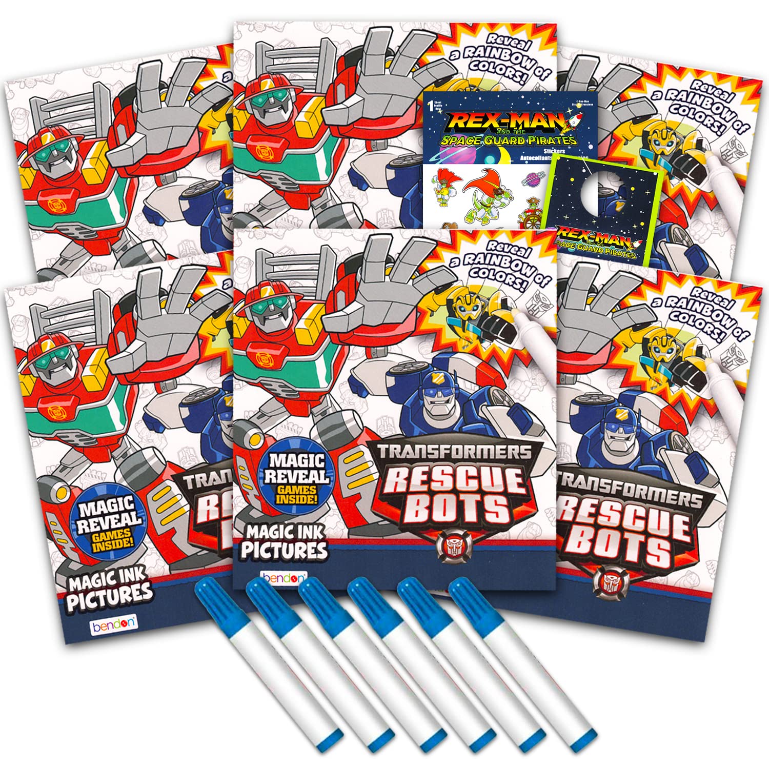 Transformers Rescue Bots Imagine Ink Coloring Book Set for Kids - 6 Pack No-Mess Magic Ink Coloring Books featuring Rescue Bots with Rex-Man Stickers and Door Hanger (Transformers Party Favors Bundle)