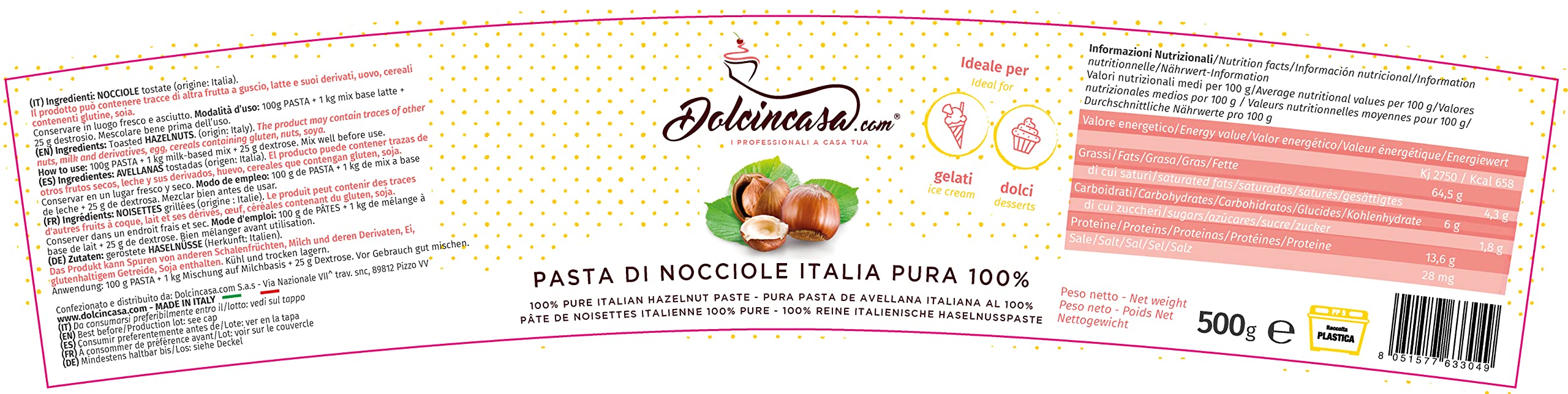 Dolcincasa-com Pâte de Noisettes Torréfiées 100% Pure Crème à Tartiner pour Glace Café et Diverses Utilisations en Confiserie Décorations Remplissages Sans Gluten sans Epaississants 500 Grammes