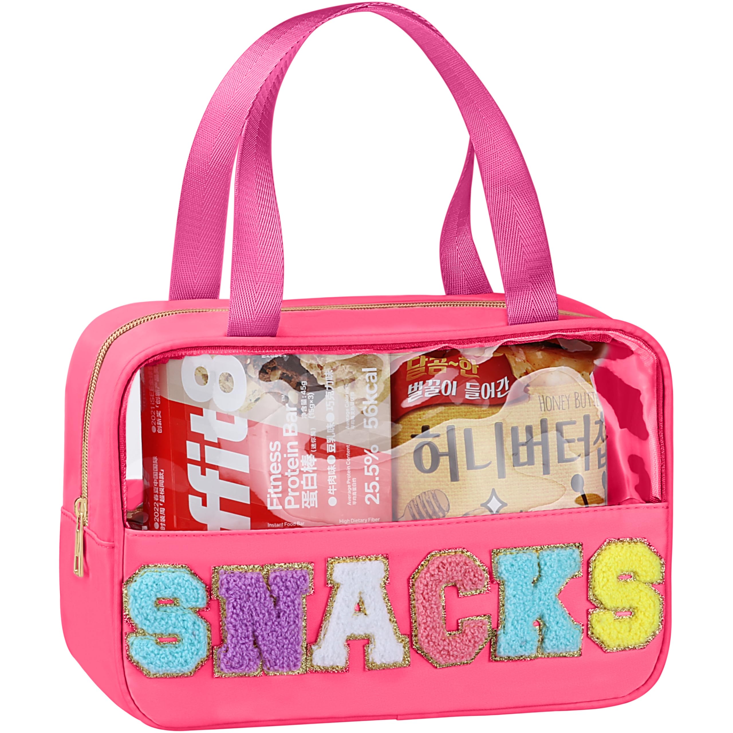 Snack Bag for Travel - Chenille Letter Clear Makeup Bag, Large Preppy Patch Snack Cosmetic Bag with Handle and Zipper, Cute Makeup Pouch Nylon&PVC