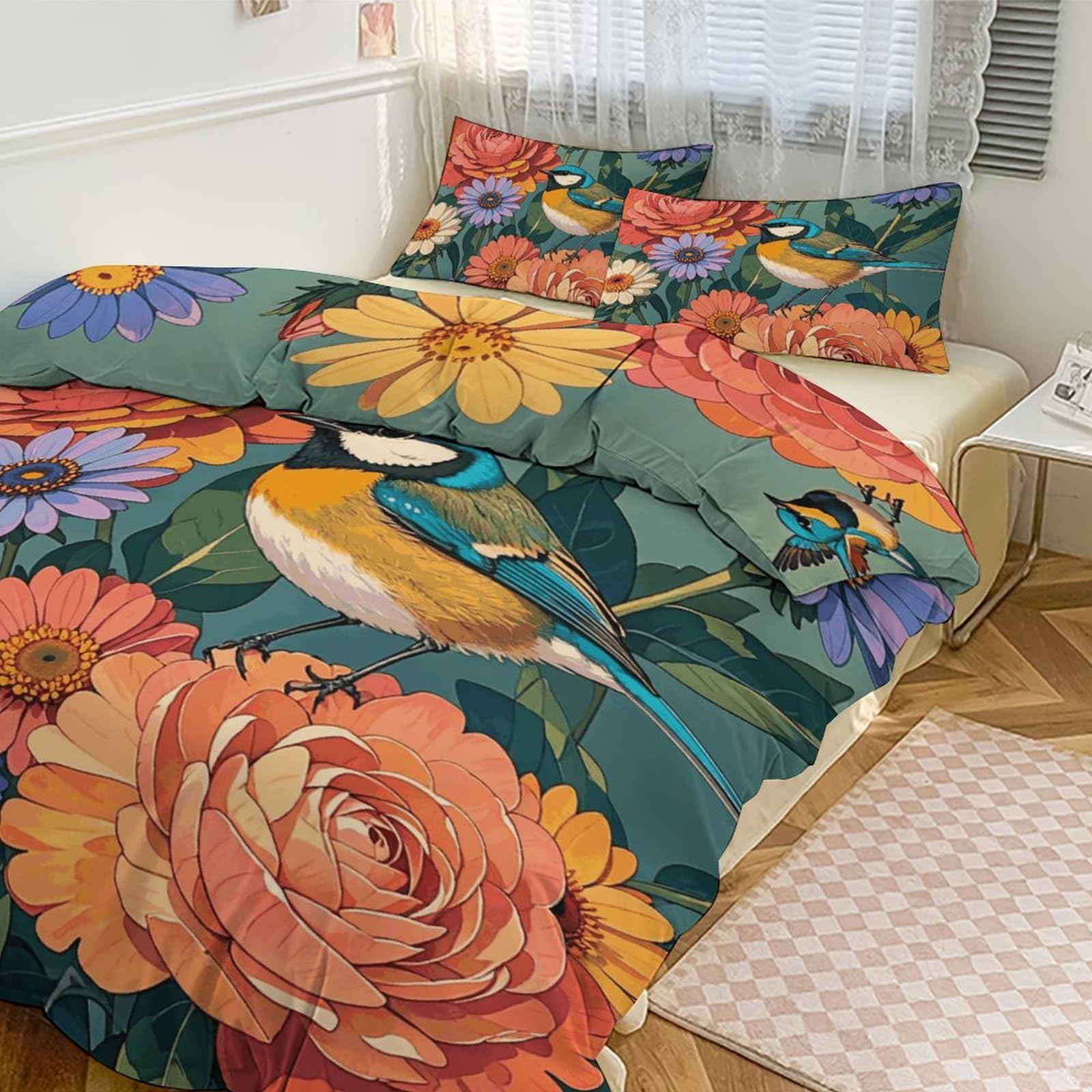 Parure de lit 3 pièces avec couette pour grand lit 218,4 cm motif fleurs oiseaux