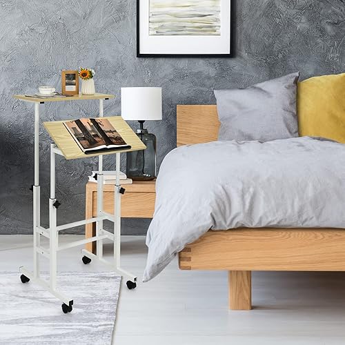 Miniatura 2 de COSTWAY Escritorio de pie móvil, carrito de computadora con ruedas de altura ajustable con escritorio inclinable para estar de pie o sentado, ruedas