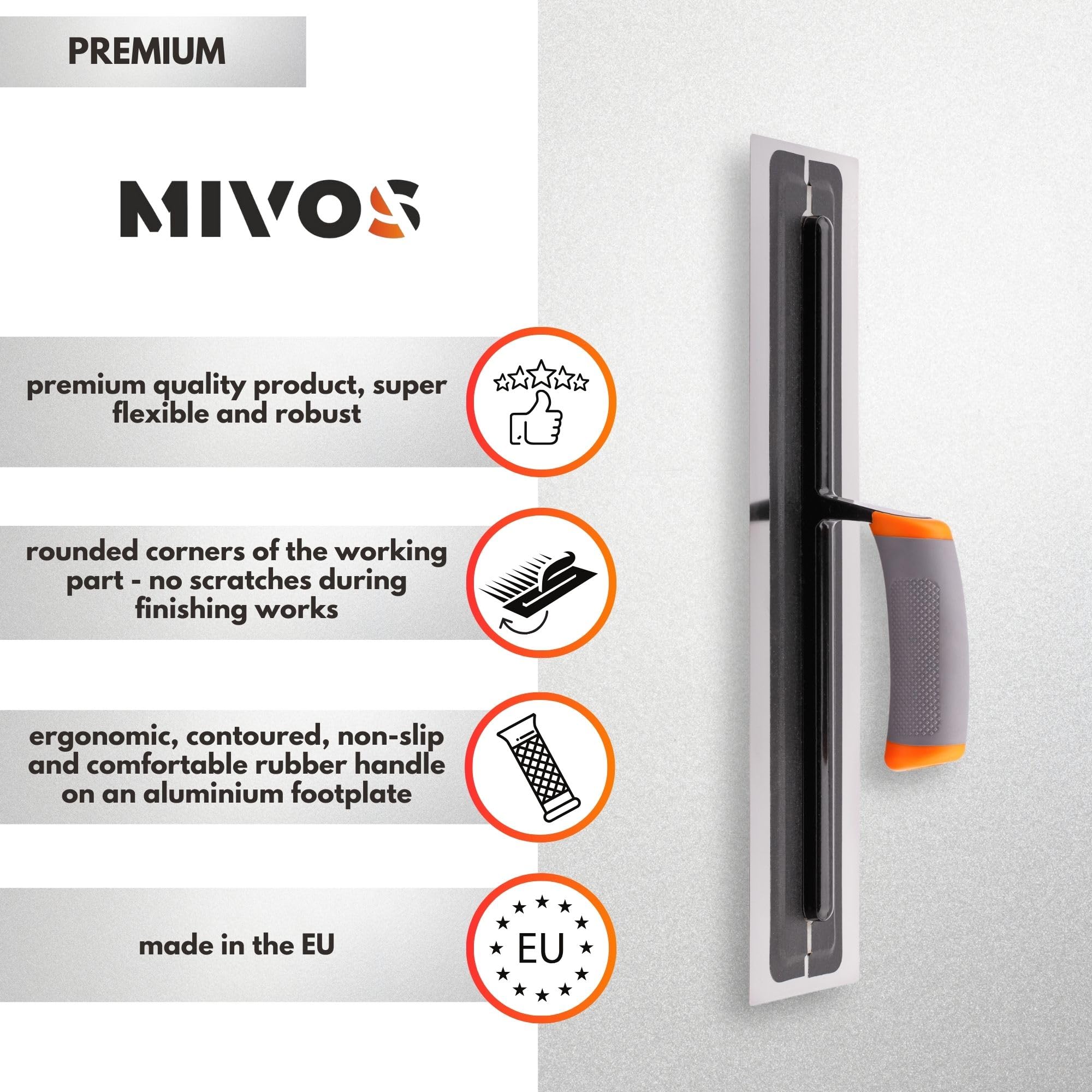 MIVOS Premium smoothing trowel made of high-quality stainless steel, 410 x 110 mm, professional smoothing disc, trowel - Image 2