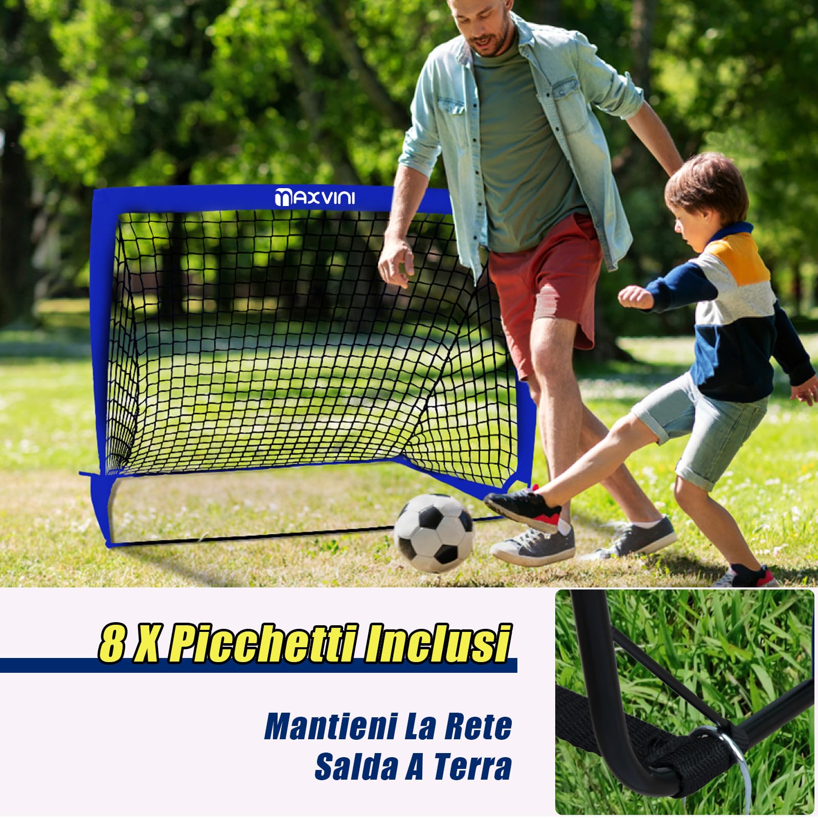 Cancello da calcio per giardino e bambini, 182 x 120 x 120 cm, con aste in fibra di vetro, per interni ed esterni, set pieghevole pop-up con 6 cappelli, calcio, scala da allenamento, pompa per