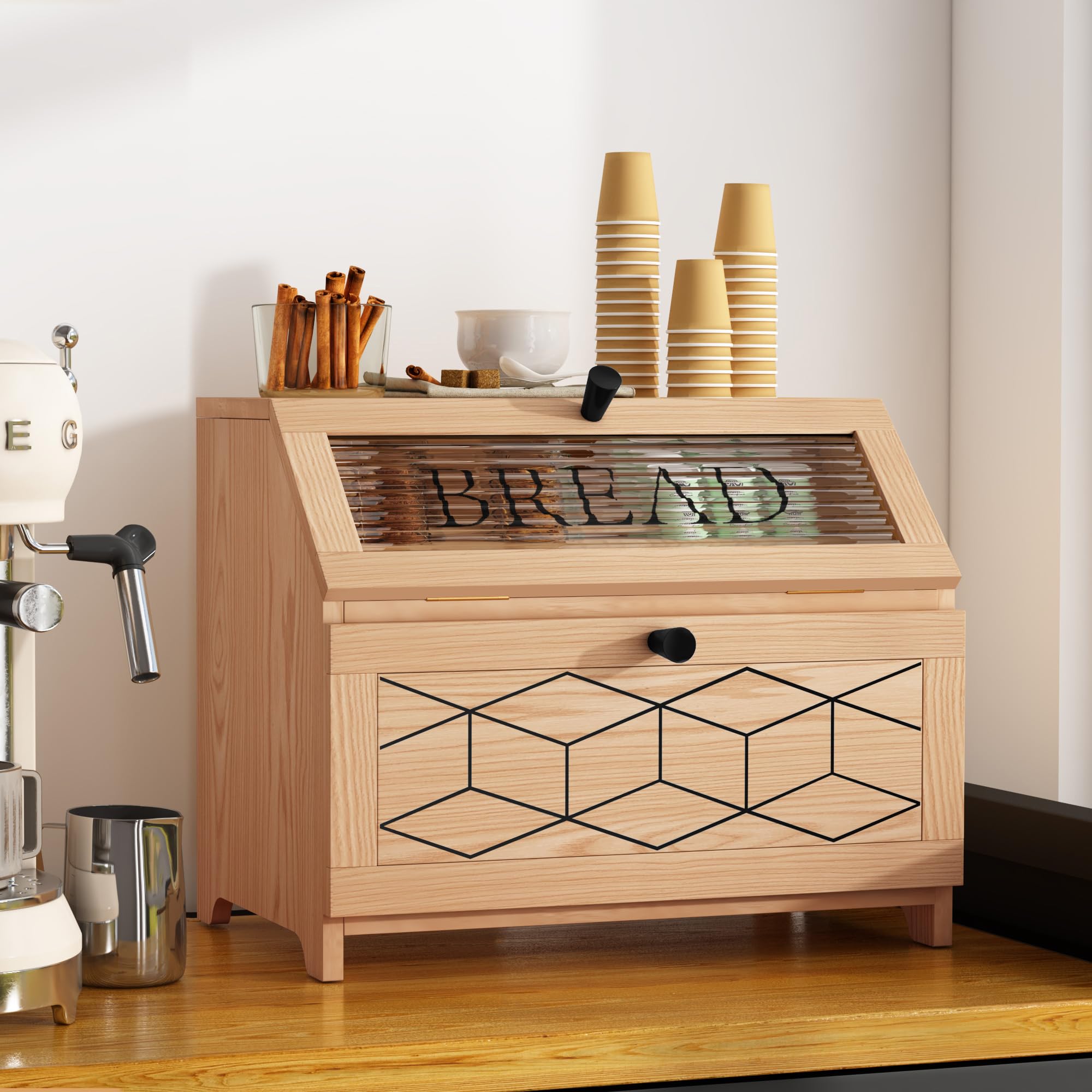 MROJISC Brotkasten Holz, 2 Etagen Brot Aufbewahrungsbox, Natürlich Brotkasten Groß Mit Transparentem Fenster Brotbox Küche Bread Box Für Küche, Arbeitsplatte, Lebensmittellagerung