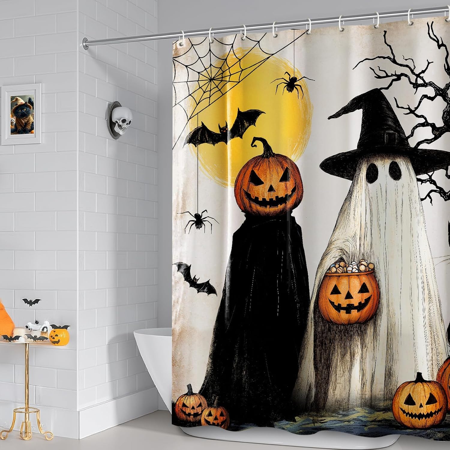 Halloween Fall Shower Curtain: Rustic Witches Ghosts Pumpkins Black Cat Halloween Shower Curtain Set with Hooks, Fabric Cute Bathroom Decorations for Window Home Farmhouse Indoor Decor, 72' x 72'